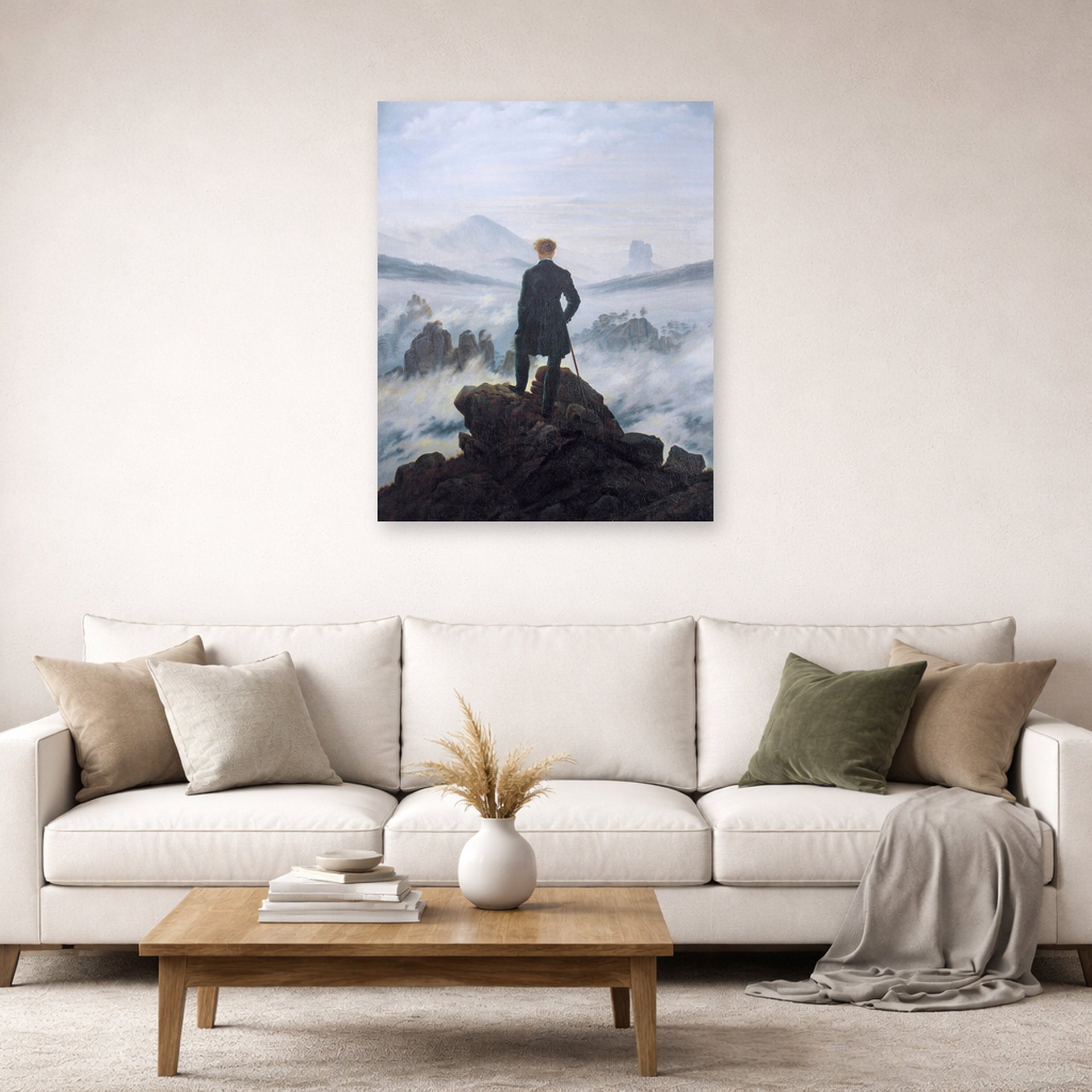 Unframed poster print of Caspar David Friedrich's The Wanderer above the Sea of Fog displayed on a wall in a living room