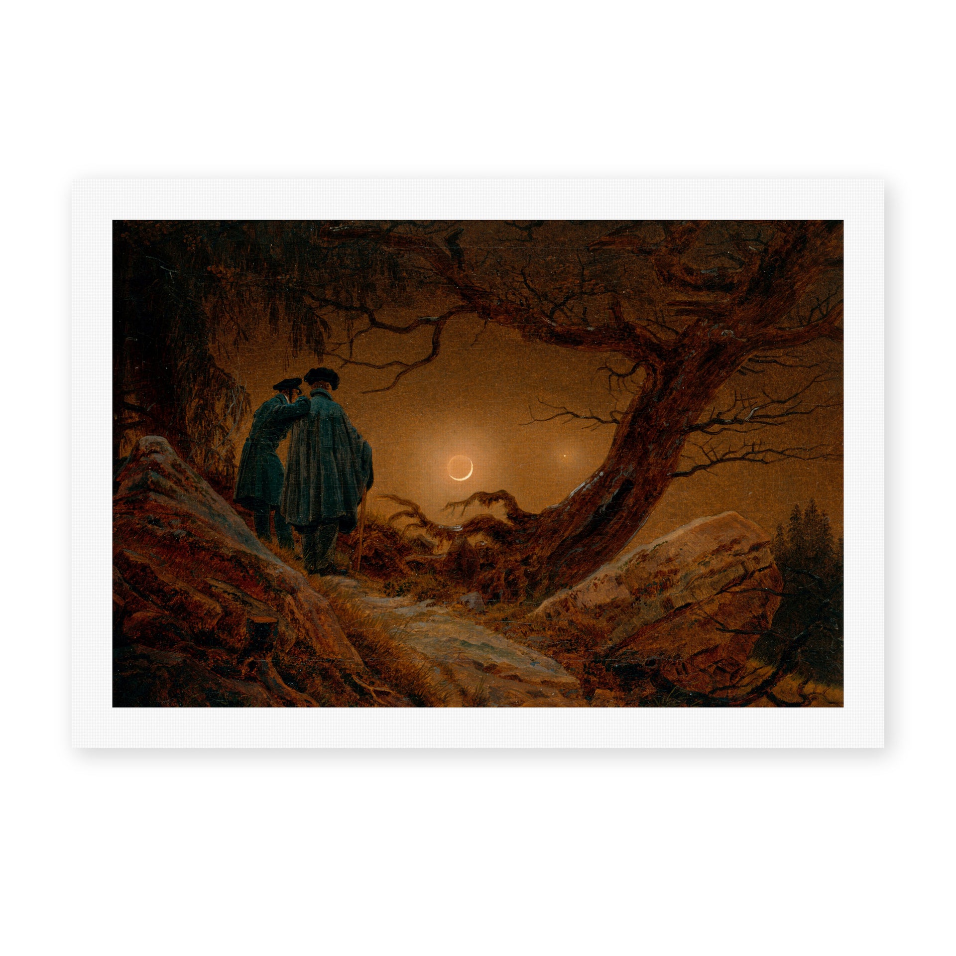 Caspar David Friedrich's 'Two Men Contemplating the Moon' painting reproduced as a rolled canvas print, an 1819-20 work exploring the Romantic theme of the sublime in nature