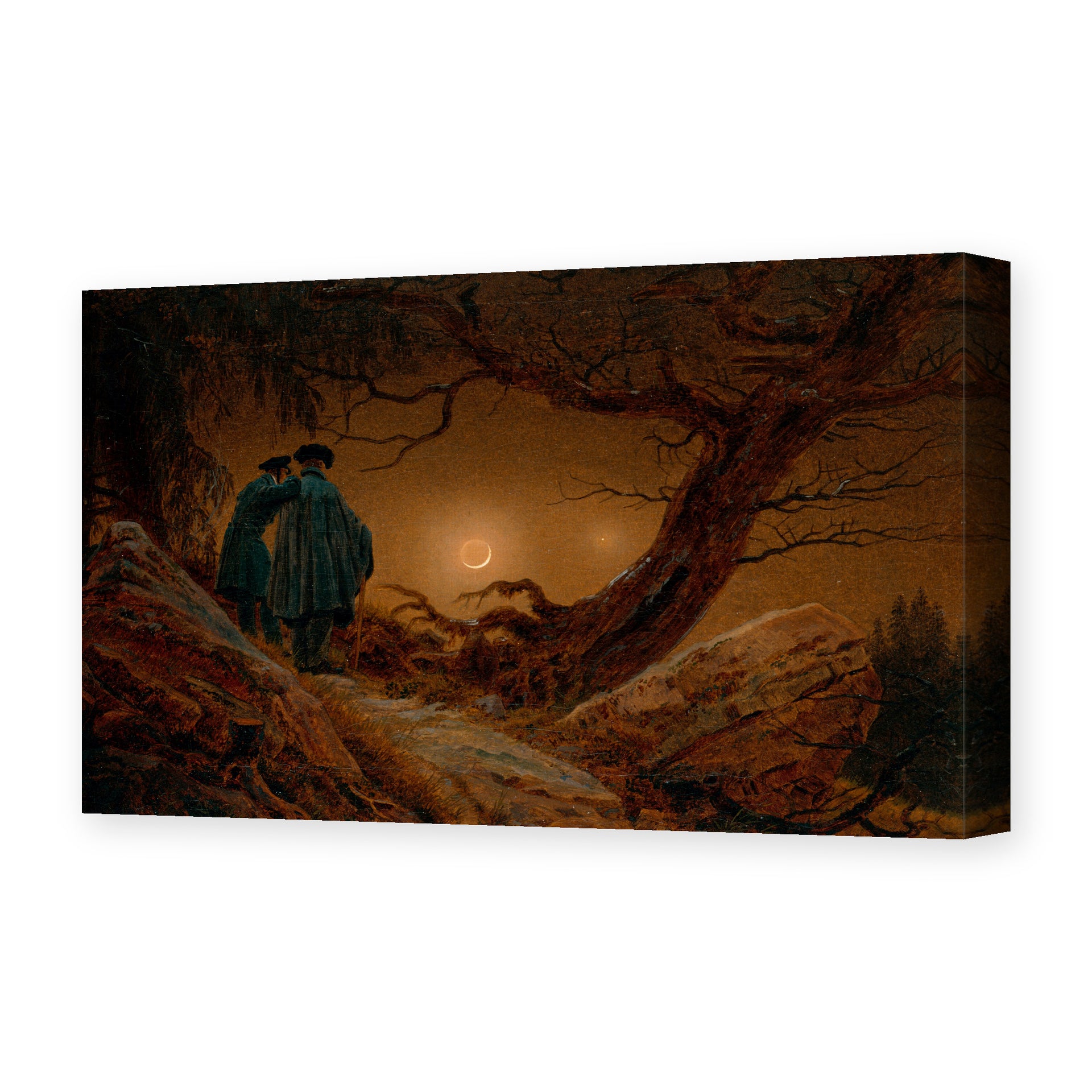 Caspar David Friedrich's 'Two Men Contemplating the Moon' painting reproduced as a gallery-wrapped canvas print, an 1819-20 work exploring the Romantic theme of the sublime in nature