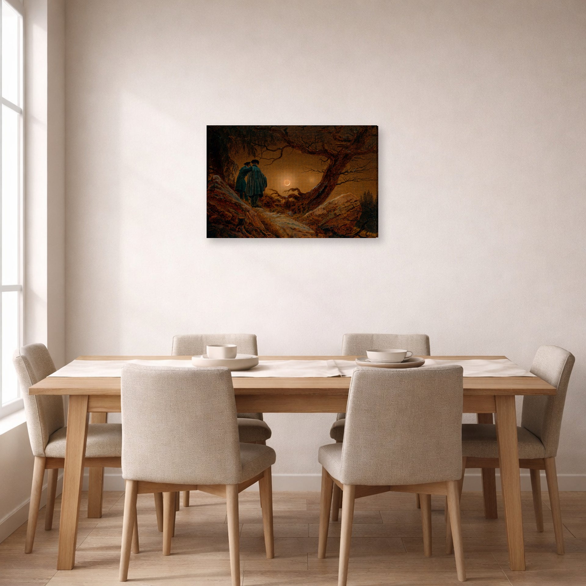 Gallery-wrapped canvas print of Caspar David Friedrich's Two Men Contemplating the Moon displayed on a wall in a dining room