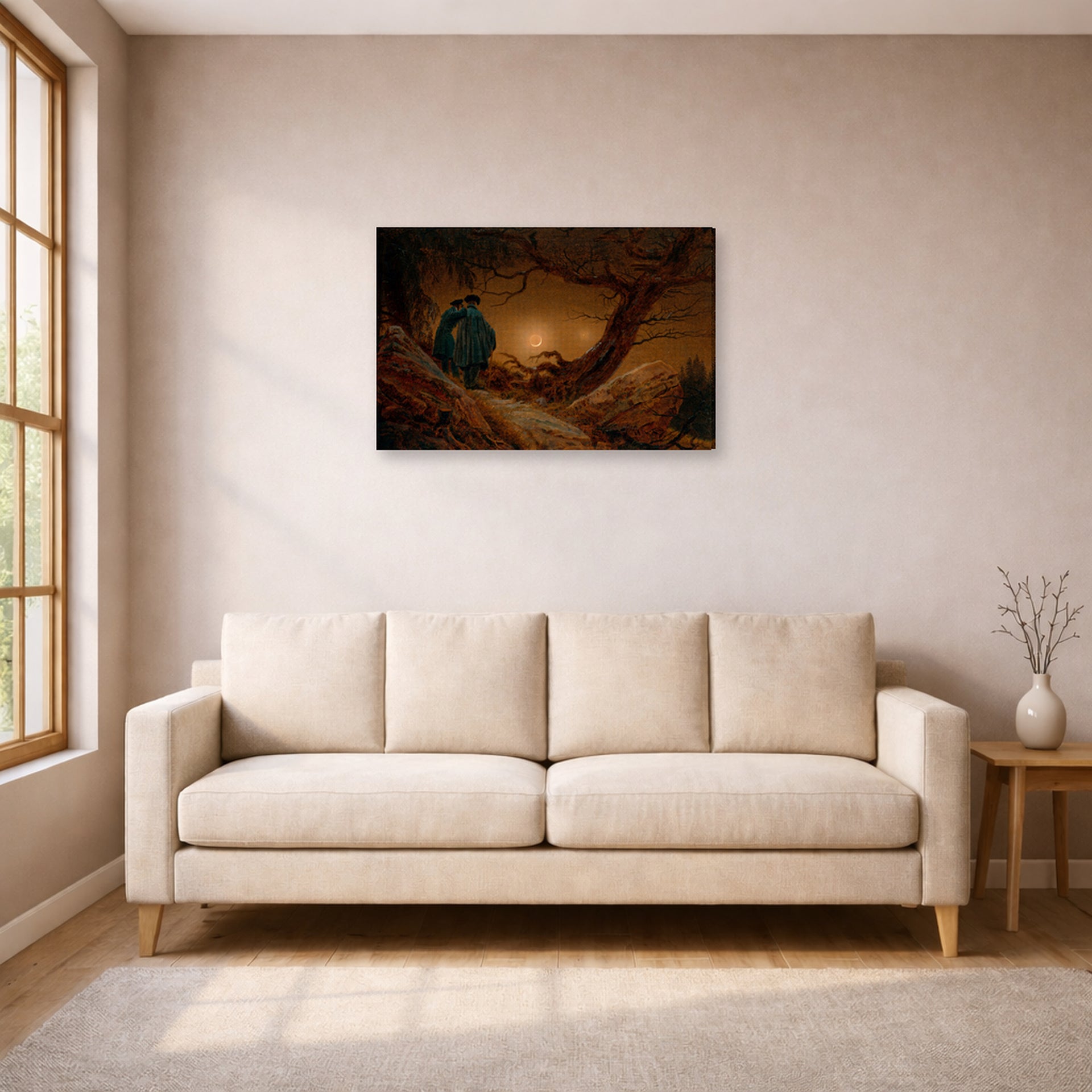 Gallery-wrapped canvas print of Caspar David Friedrich's Two Men Contemplating the Moon displayed on a wall in a living room
