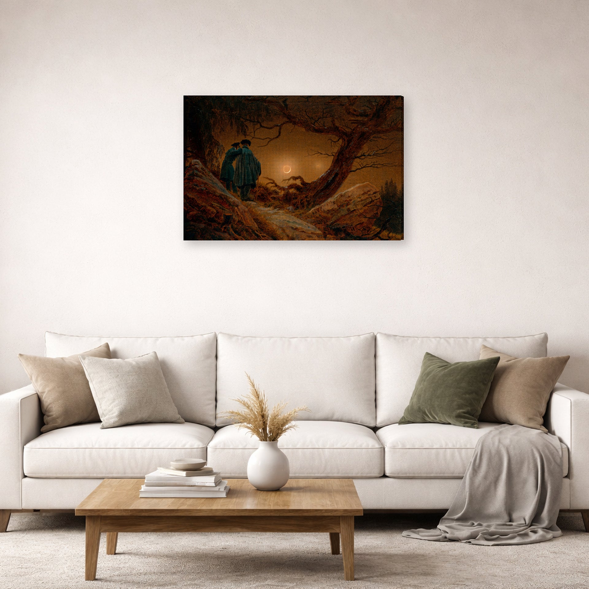 Gallery-wrapped canvas print of Caspar David Friedrich's Two Men Contemplating the Moon displayed on a wall in a living room
