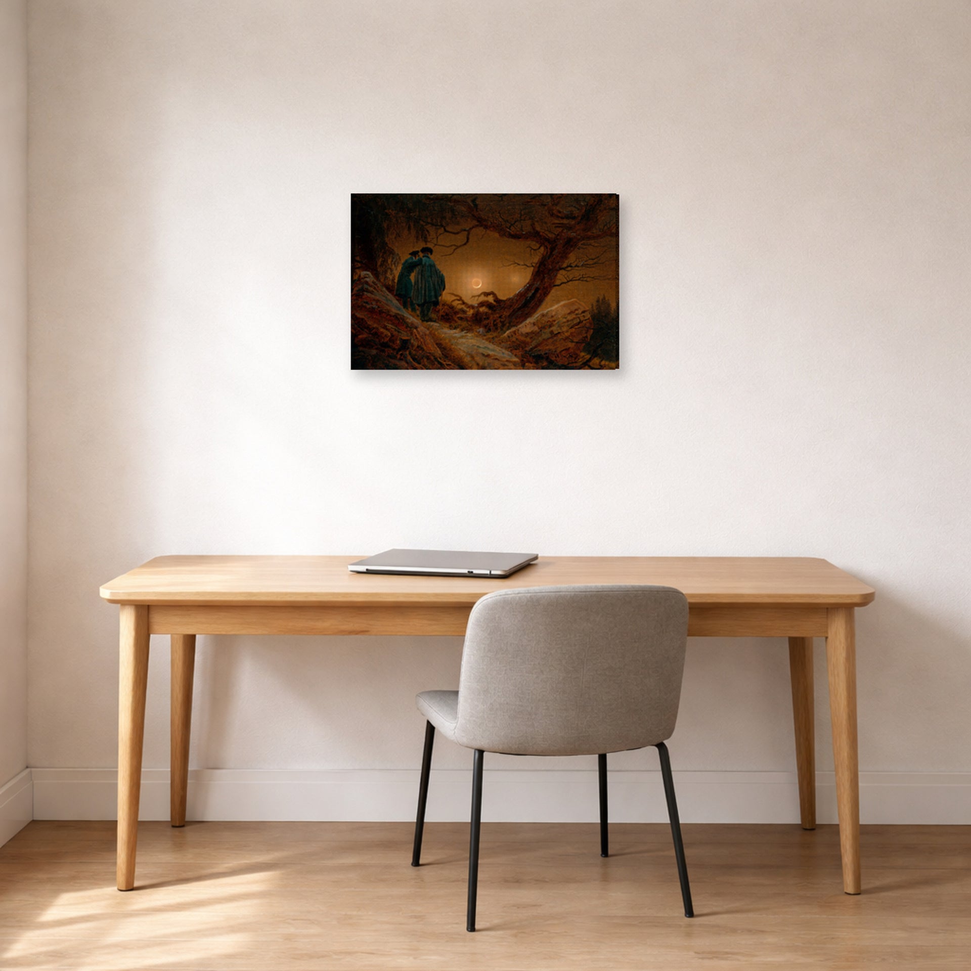 Gallery-wrapped canvas print of Caspar David Friedrich's Two Men Contemplating the Moon displayed on a wall in a office