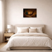 Unframed poster print of Caspar David Friedrich's Two Men Contemplating the Moon displayed on a wall in a bedroom