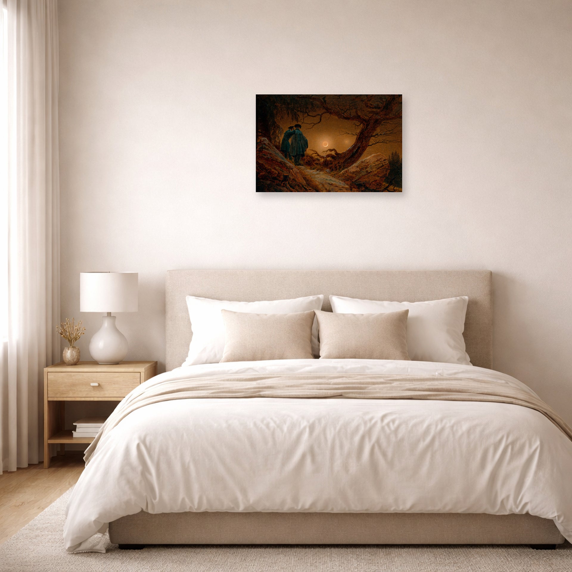 Unframed poster print of Caspar David Friedrich's Two Men Contemplating the Moon displayed on a wall in a bedroom
