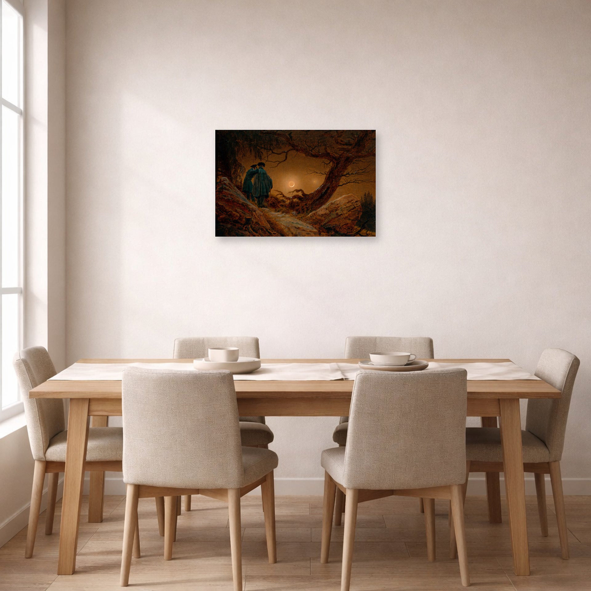 Unframed poster print of Caspar David Friedrich's Two Men Contemplating the Moon displayed on a wall in a dining room