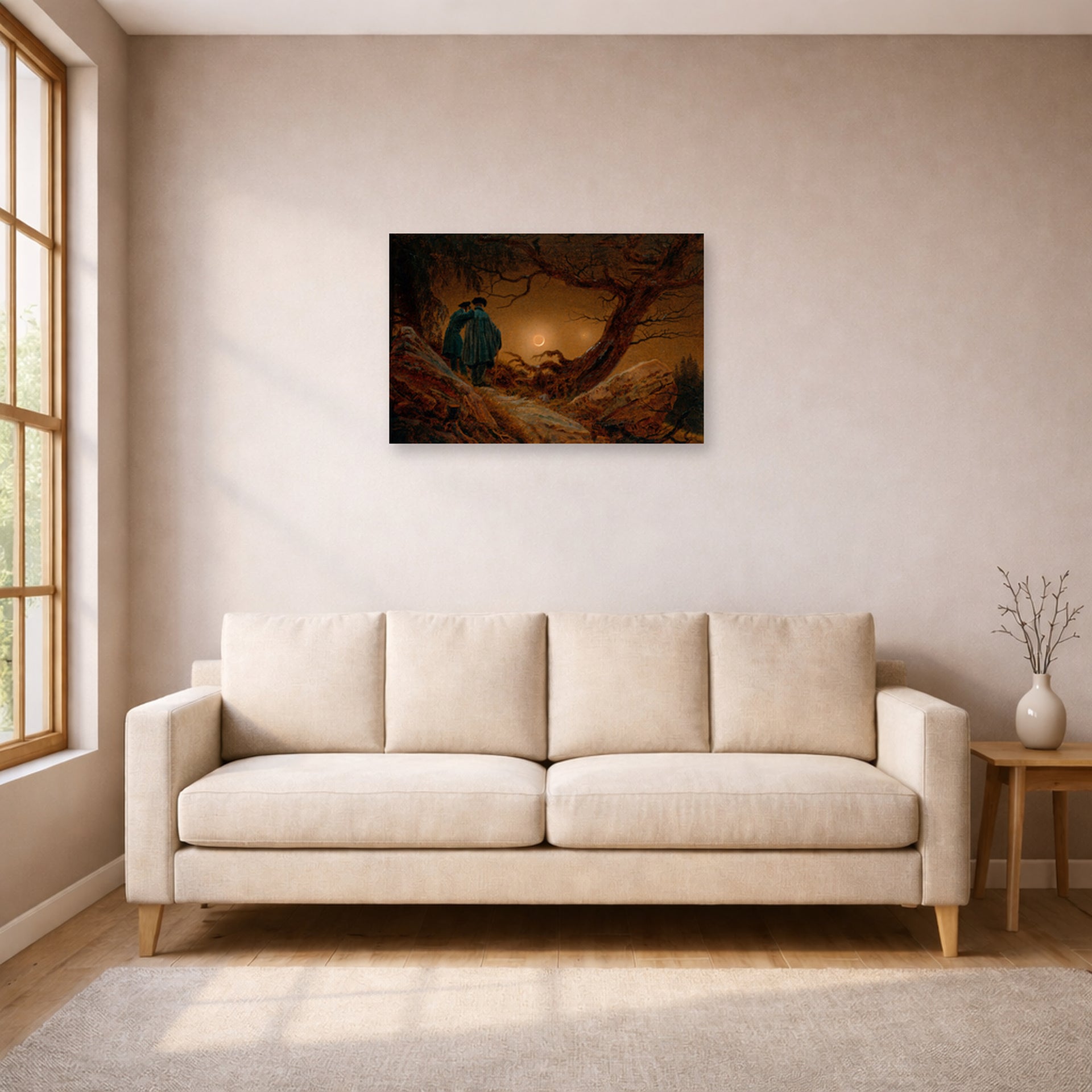 Unframed poster print of Caspar David Friedrich's Two Men Contemplating the Moon displayed on a wall in a living room