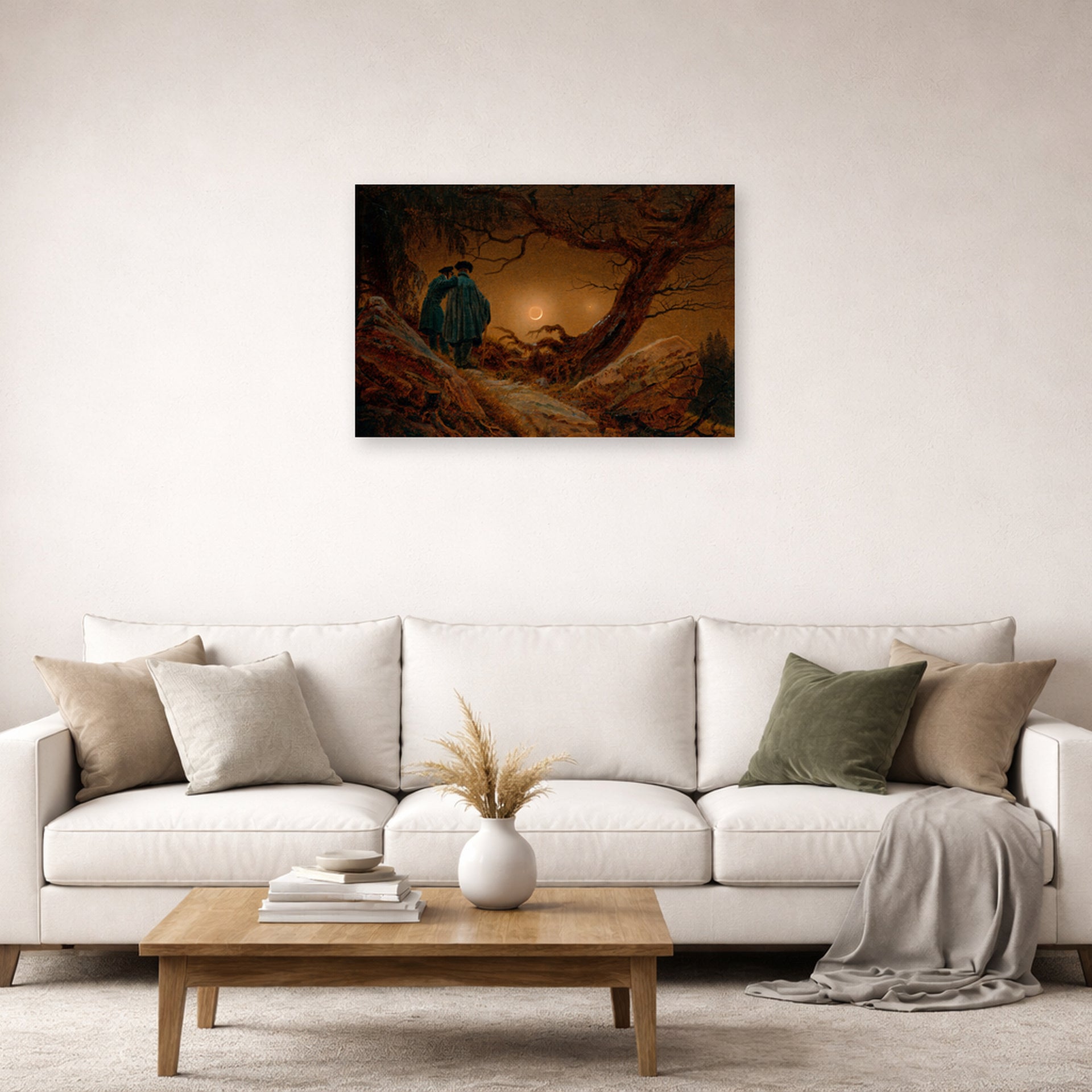 Unframed poster print of Caspar David Friedrich's Two Men Contemplating the Moon displayed on a wall in a living room