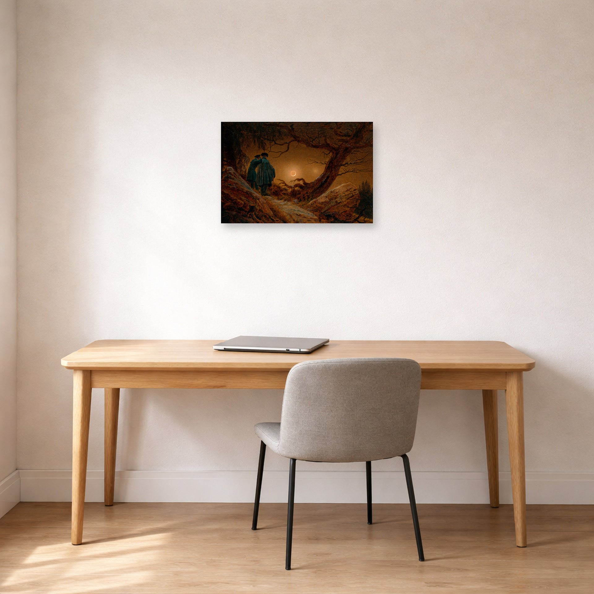 Unframed poster print of Caspar David Friedrich's Two Men Contemplating the Moon displayed on a wall in a office