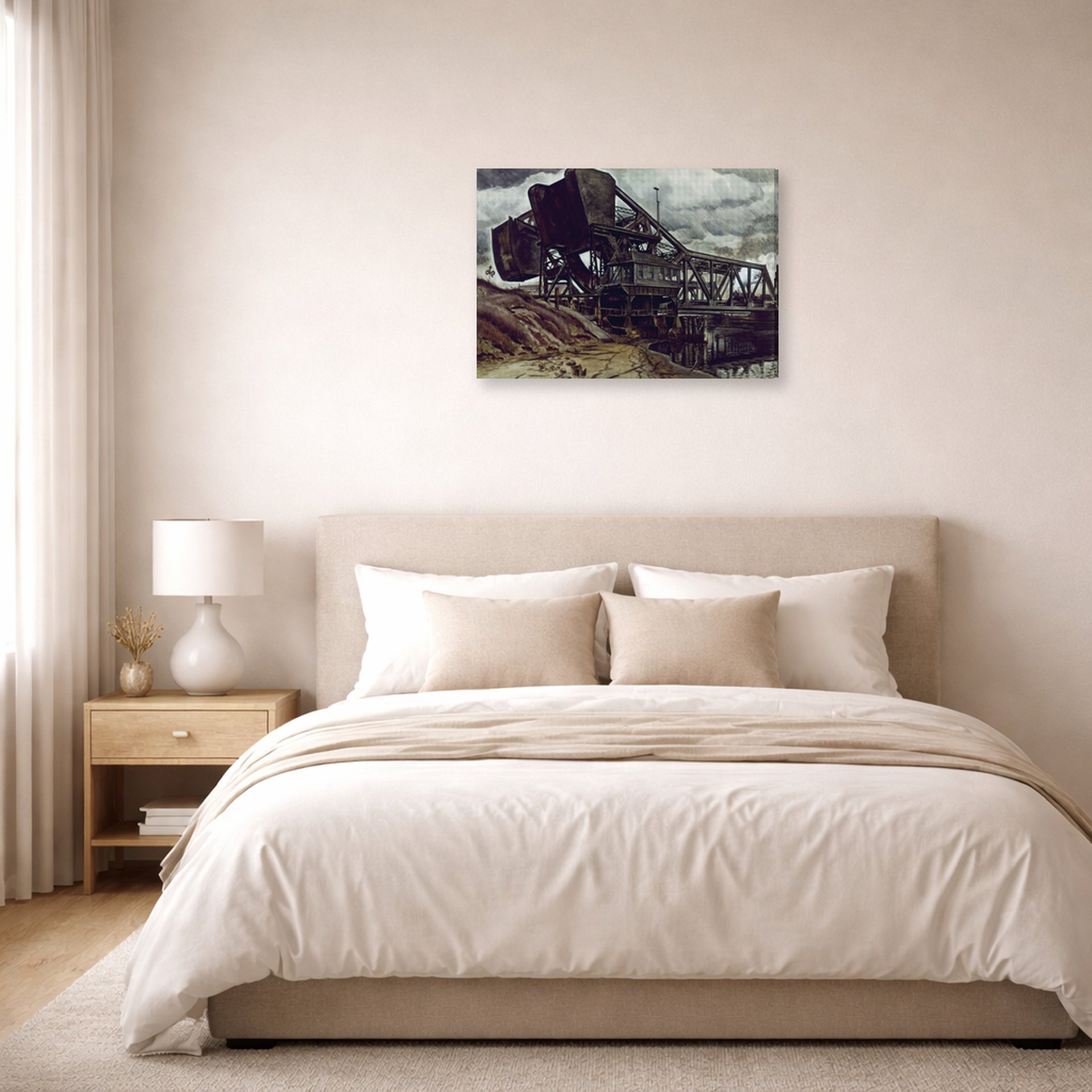 Gallery-wrapped canvas print of Charles Burchfield's Black Iron displayed on a wall in a bedroom
