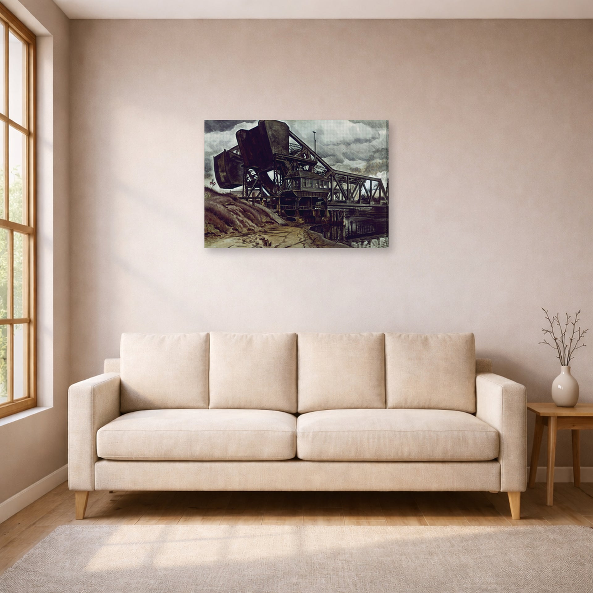 Gallery-wrapped canvas print of Charles Burchfield's Black Iron displayed on a wall in a living room