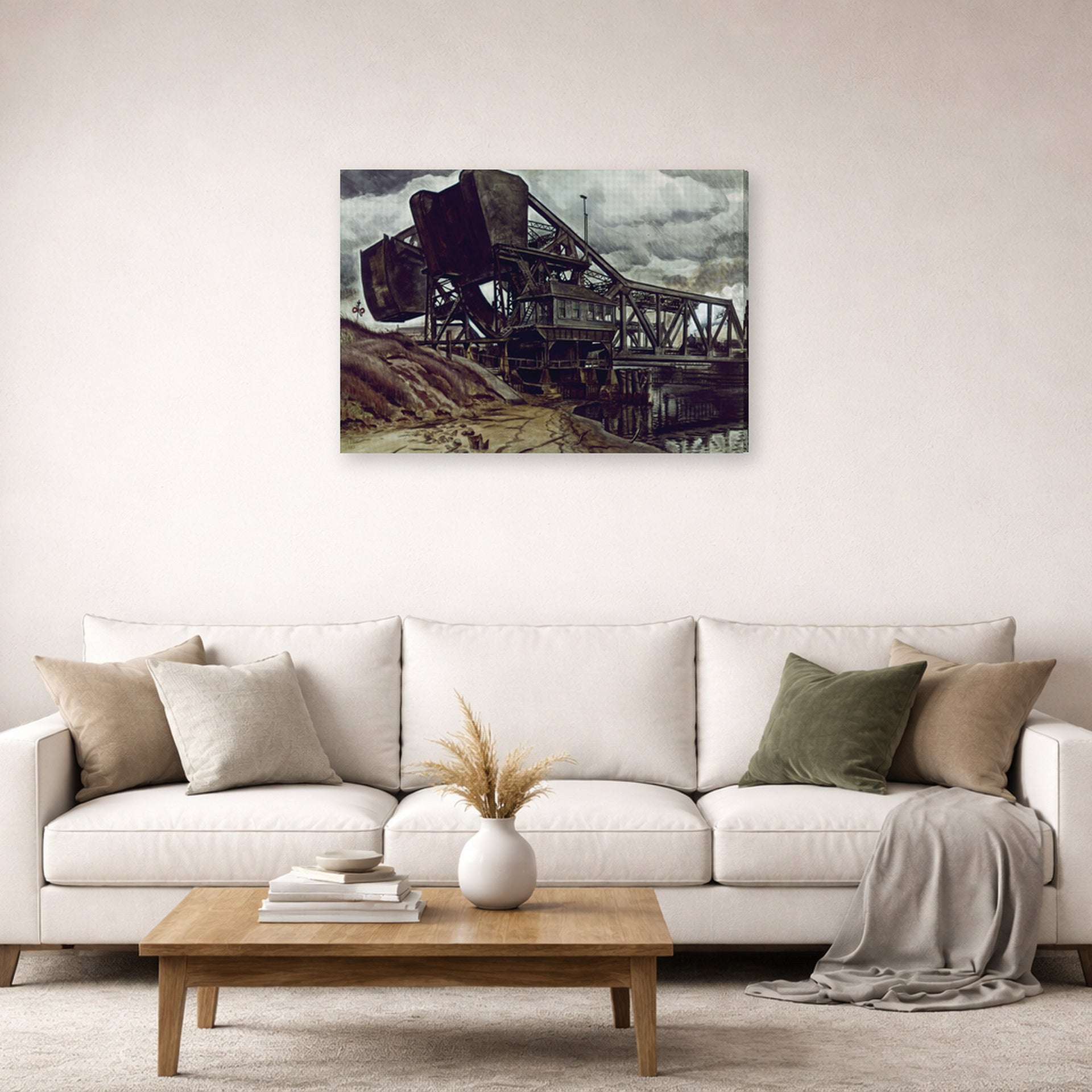 Gallery-wrapped canvas print of Charles Burchfield's Black Iron displayed on a wall in a living room