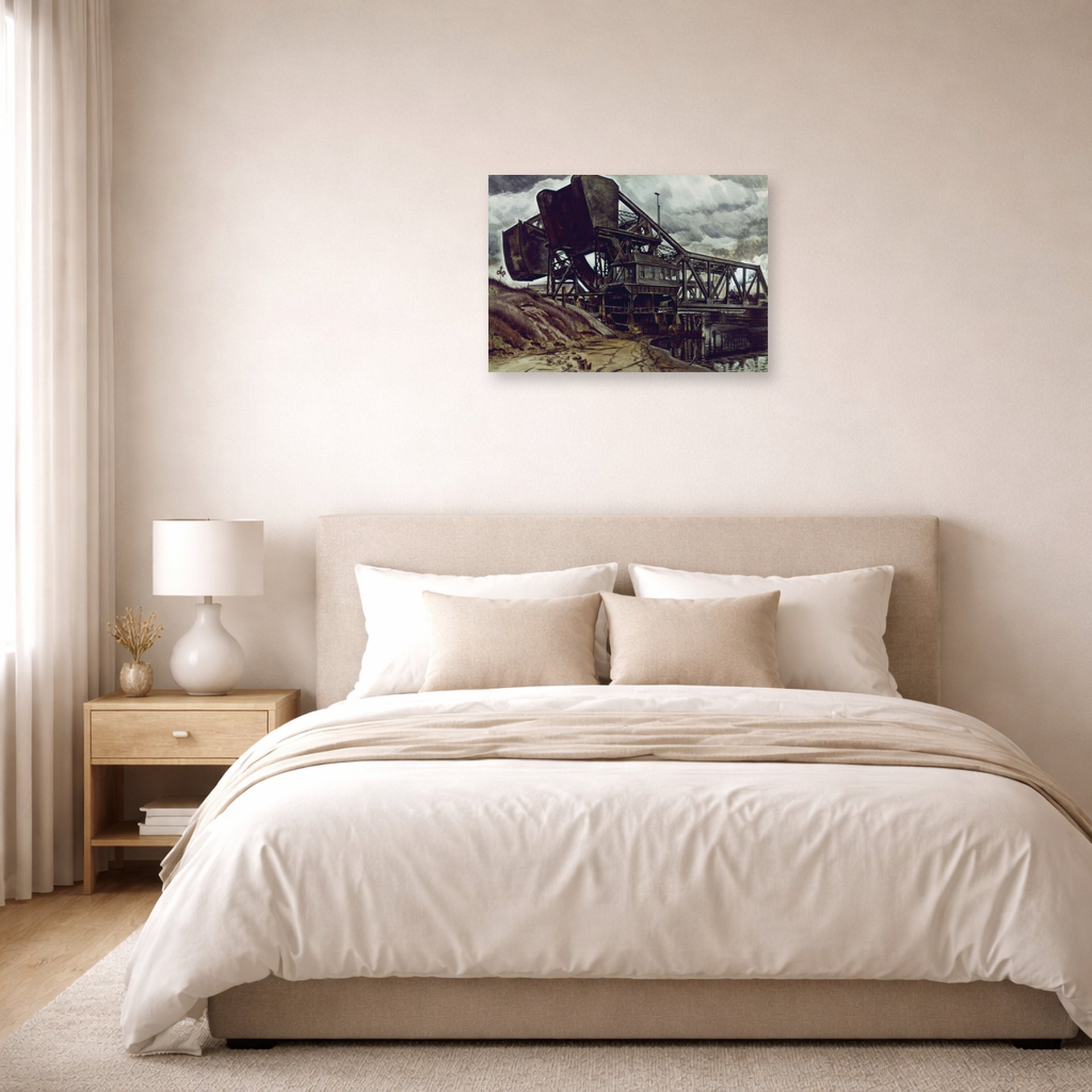 Unframed poster print of Charles Burchfield's Black Iron displayed on a wall in a bedroom