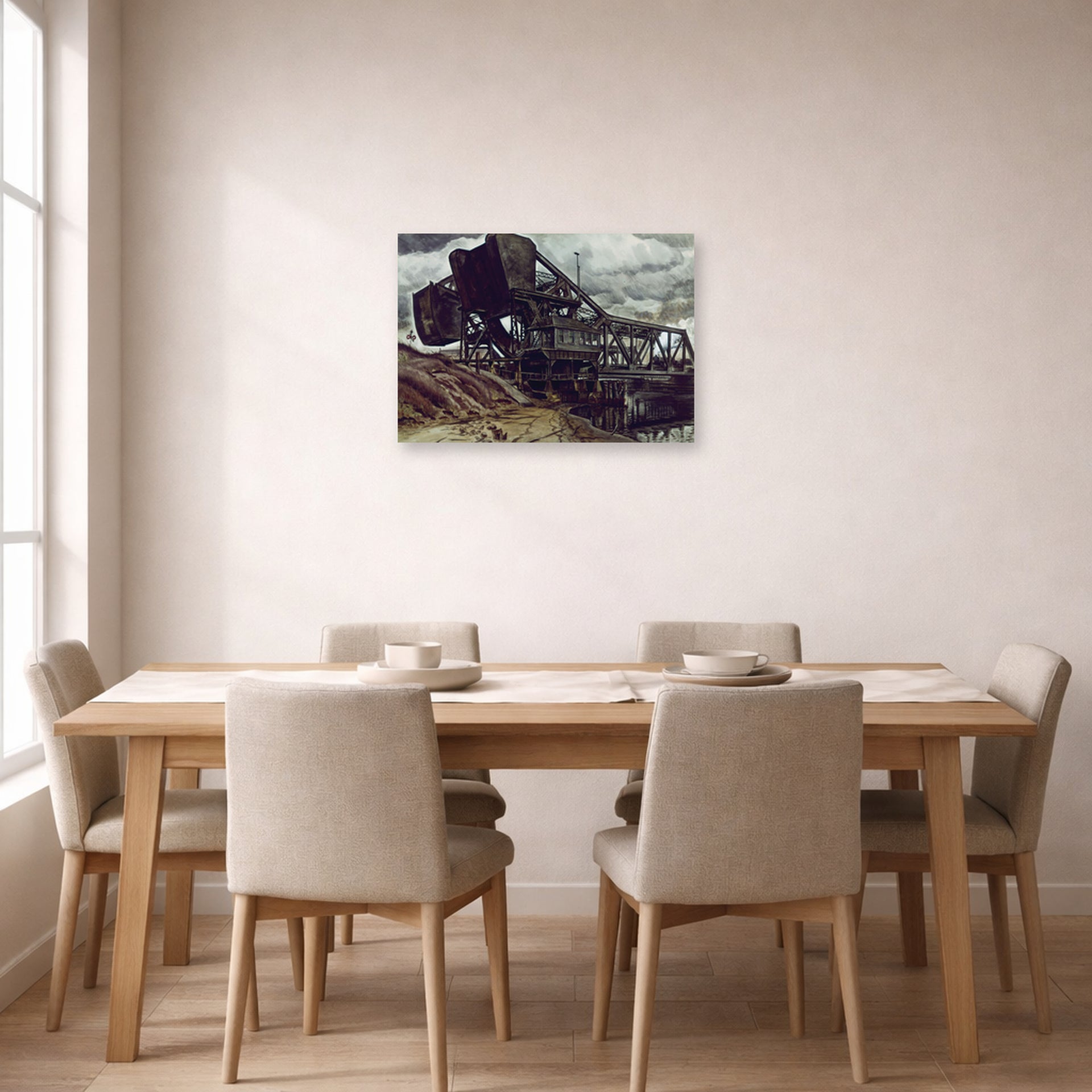 Unframed poster print of Charles Burchfield's Black Iron displayed on a wall in a dining room