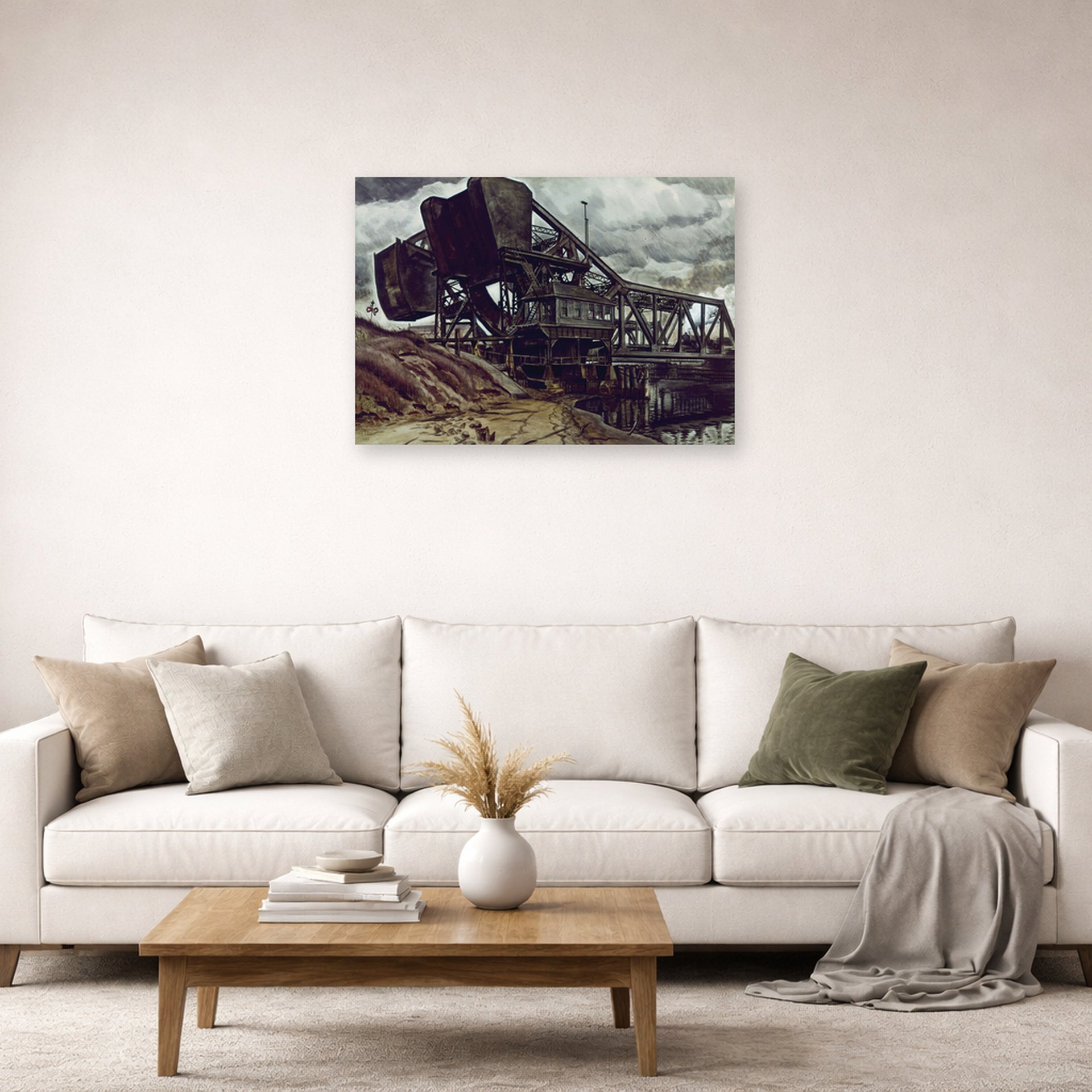Unframed poster print of Charles Burchfield's Black Iron displayed on a wall in a living room