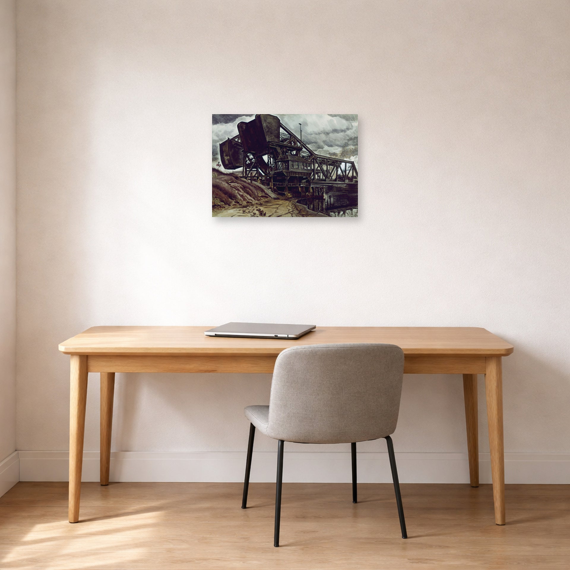 Unframed poster print of Charles Burchfield's Black Iron displayed on a wall in a office