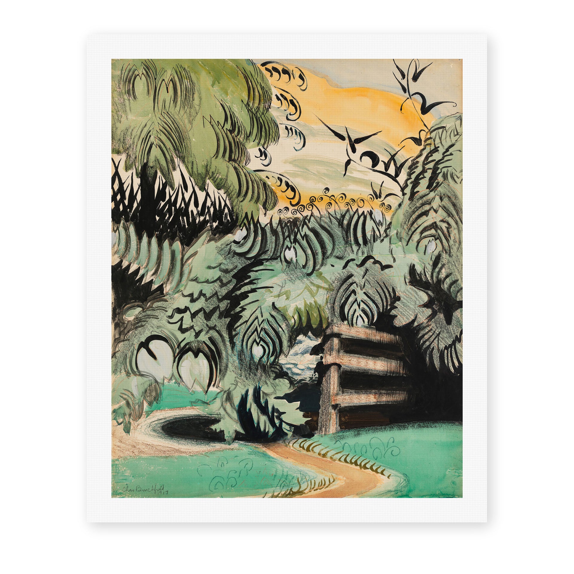Charles Burchfield's 'Cricket Chorus in the Arbor' painting reproduced as a rolled canvas print
