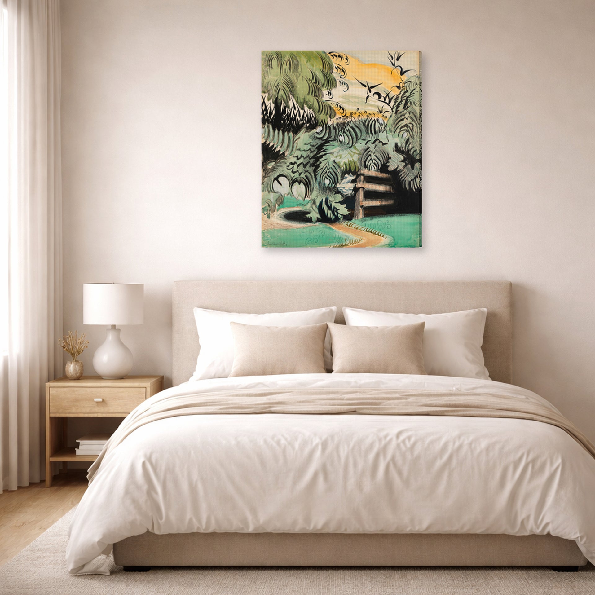 Gallery-wrapped canvas print of Charles Burchfield's Cricket Chorus in the Arbor displayed on a wall in a bedroom