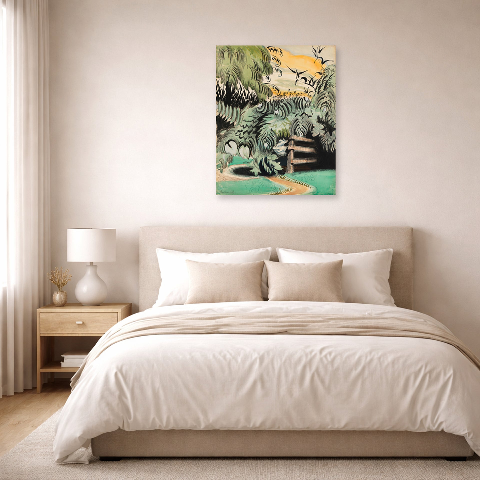 Unframed poster print of Charles Burchfield's Cricket Chorus in the Arbor displayed on a wall in a bedroom