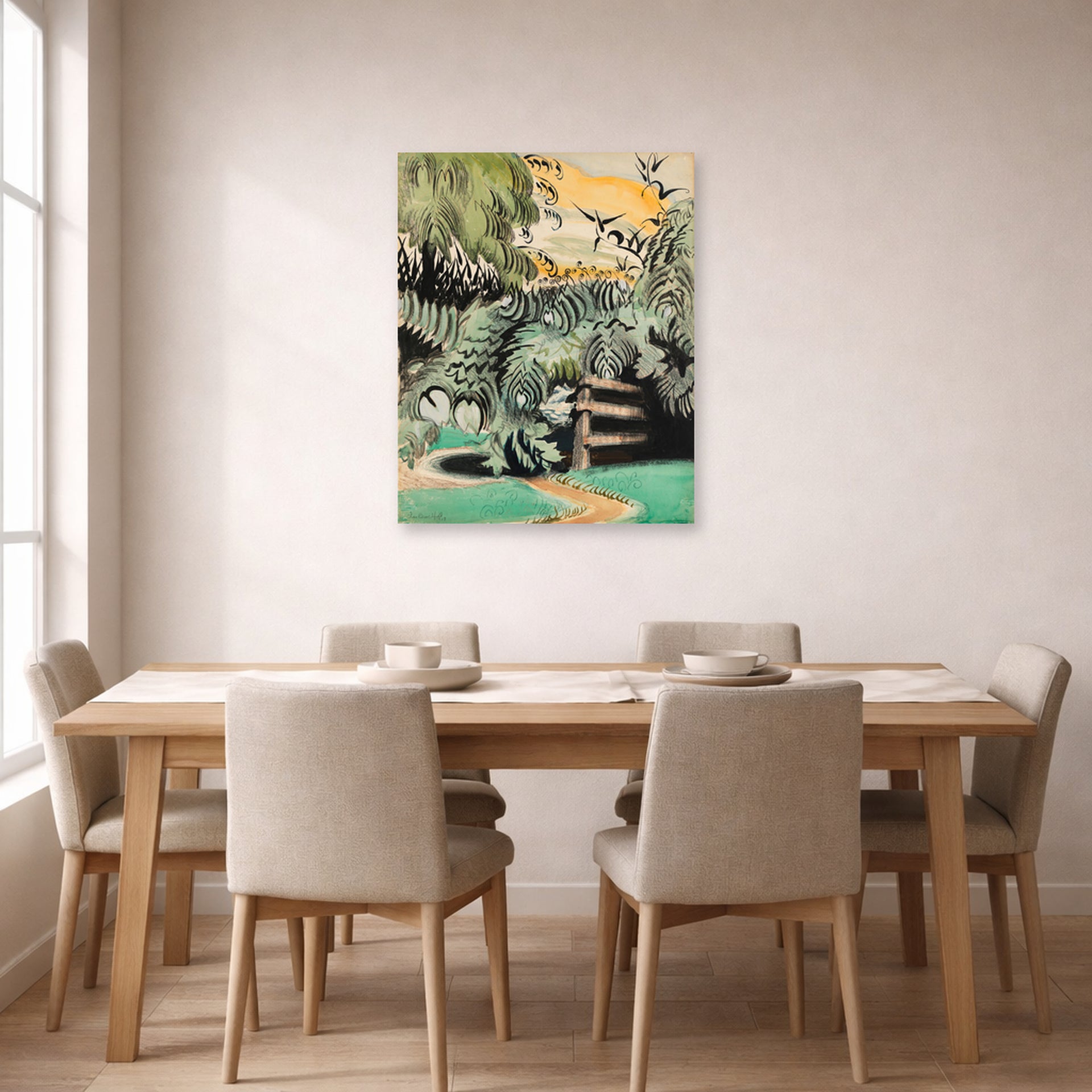 Unframed poster print of Charles Burchfield's Cricket Chorus in the Arbor displayed on a wall in a dining room