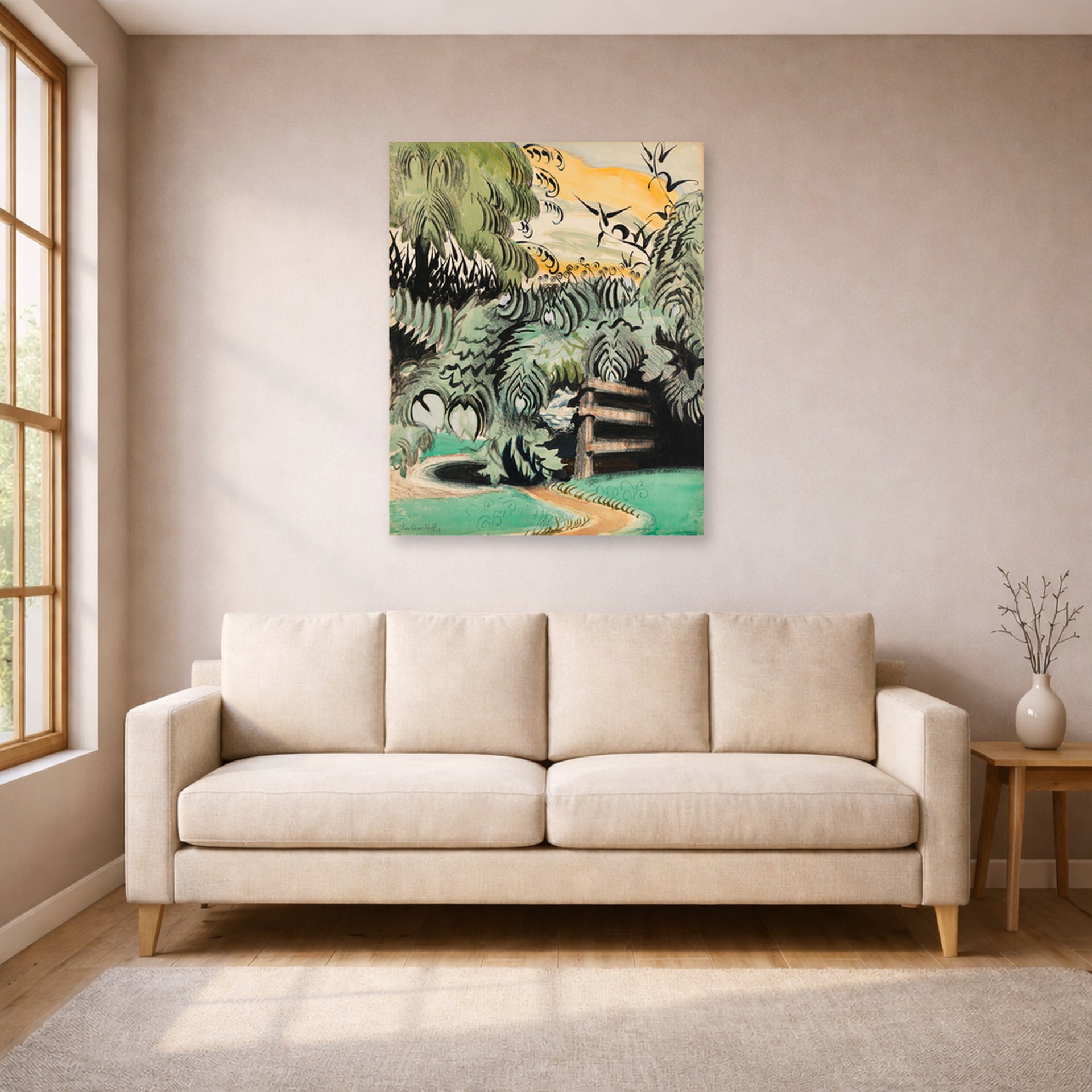 Unframed poster print of Charles Burchfield's Cricket Chorus in the Arbor displayed on a wall in a living room