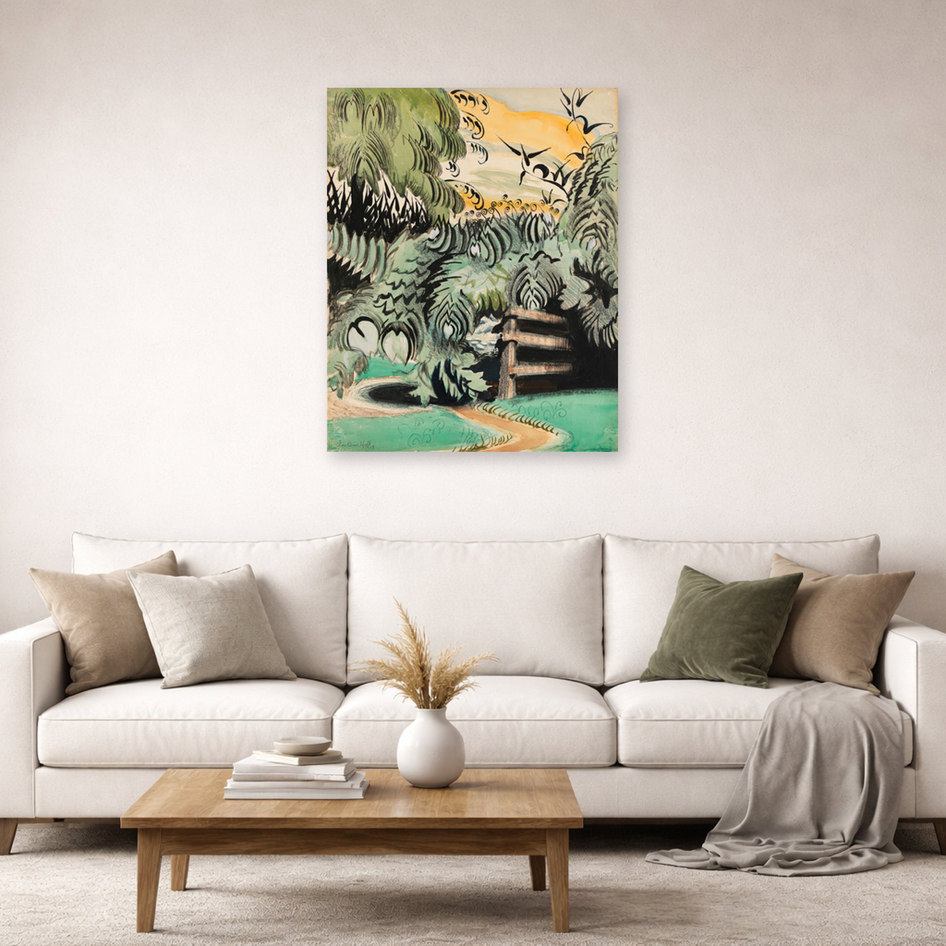 Unframed poster print of Charles Burchfield's Cricket Chorus in the Arbor displayed on a wall in a living room