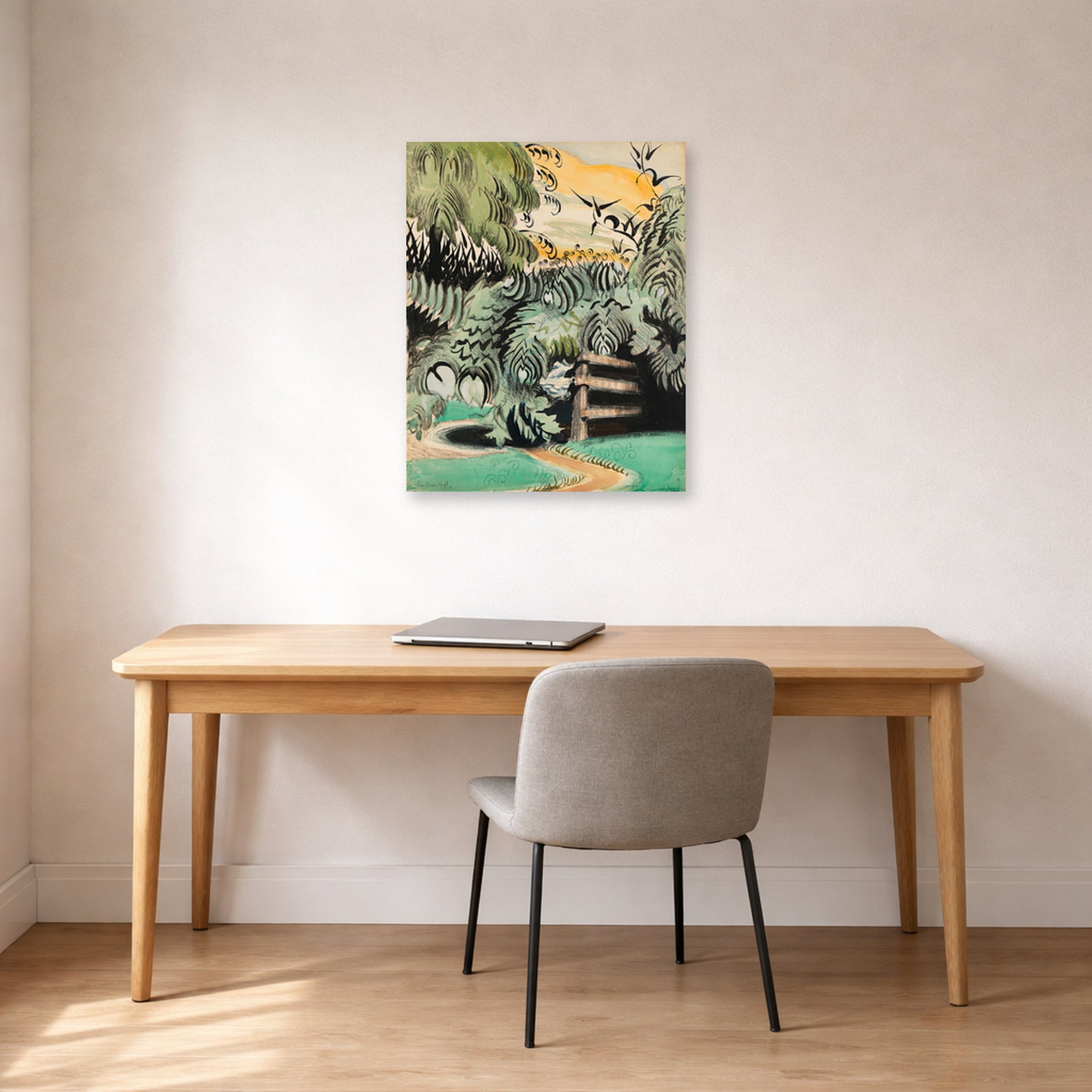 Unframed poster print of Charles Burchfield's Cricket Chorus in the Arbor displayed on a wall in a office