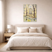 Gallery-wrapped canvas print of Charles Burchfield's Glory of Spring displayed on a wall in a bedroom
