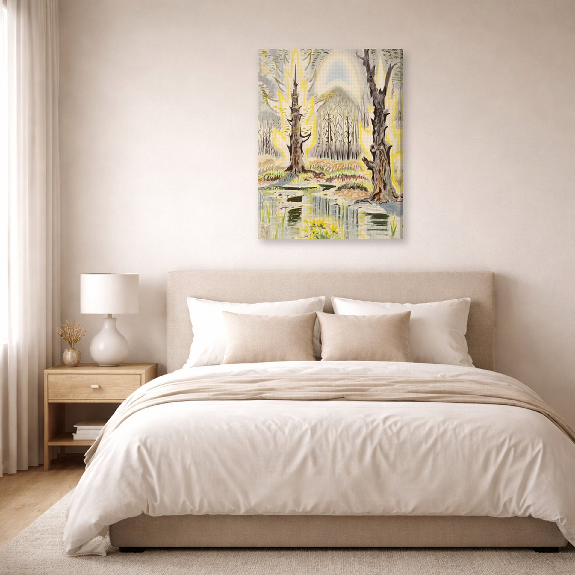 Gallery-wrapped canvas print of Charles Burchfield's Glory of Spring displayed on a wall in a bedroom