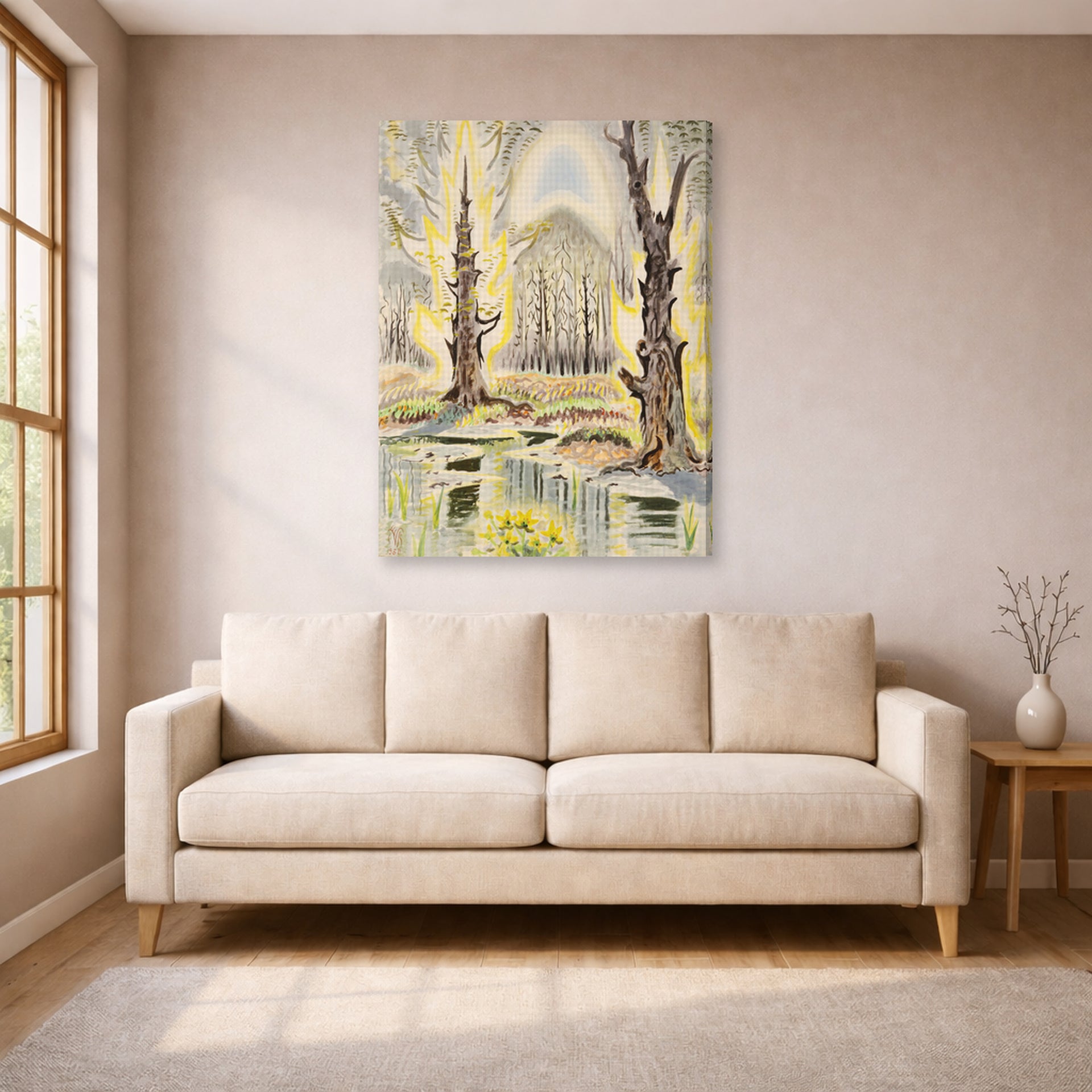 Gallery-wrapped canvas print of Charles Burchfield's Glory of Spring displayed on a wall in a living room