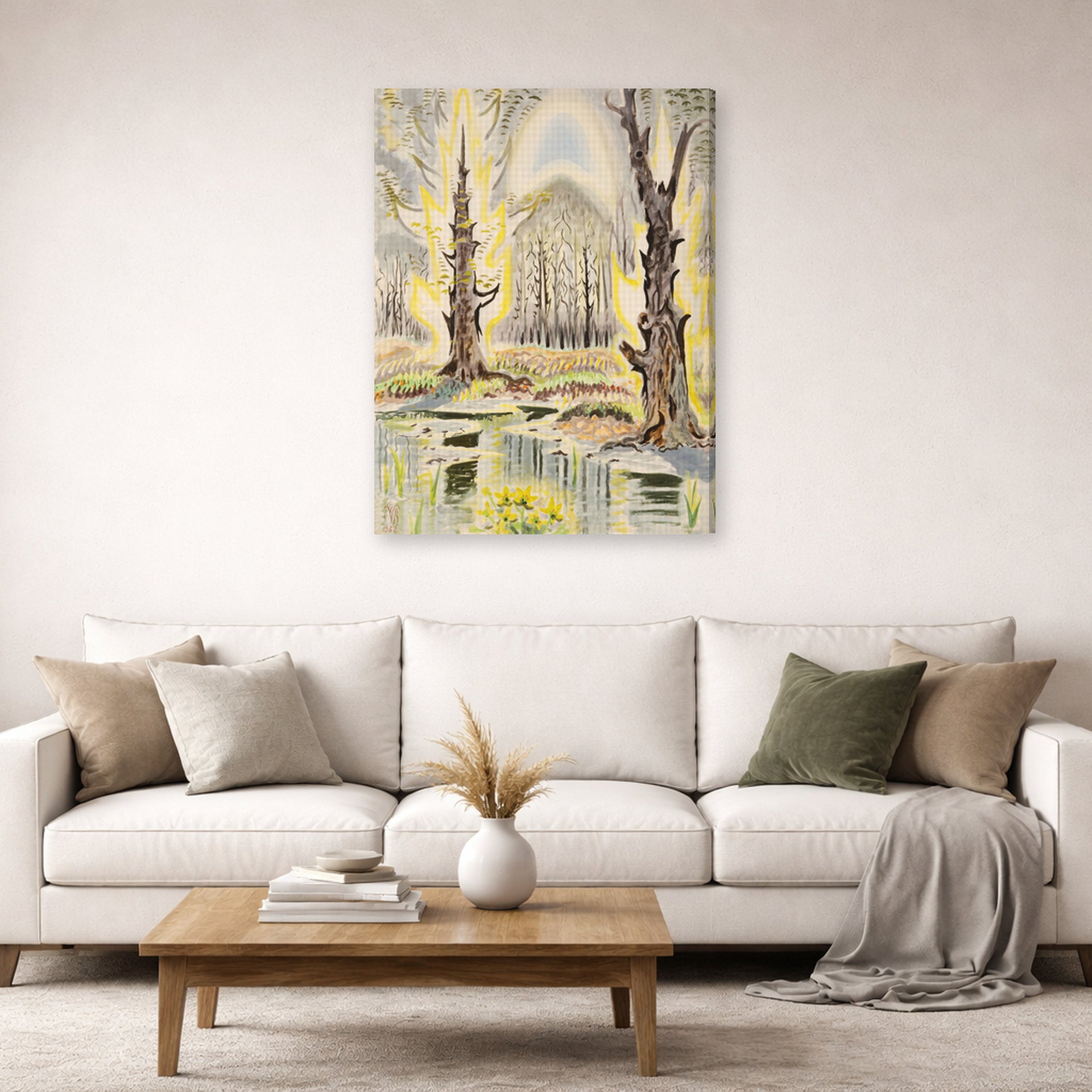 Gallery-wrapped canvas print of Charles Burchfield's Glory of Spring displayed on a wall in a living room