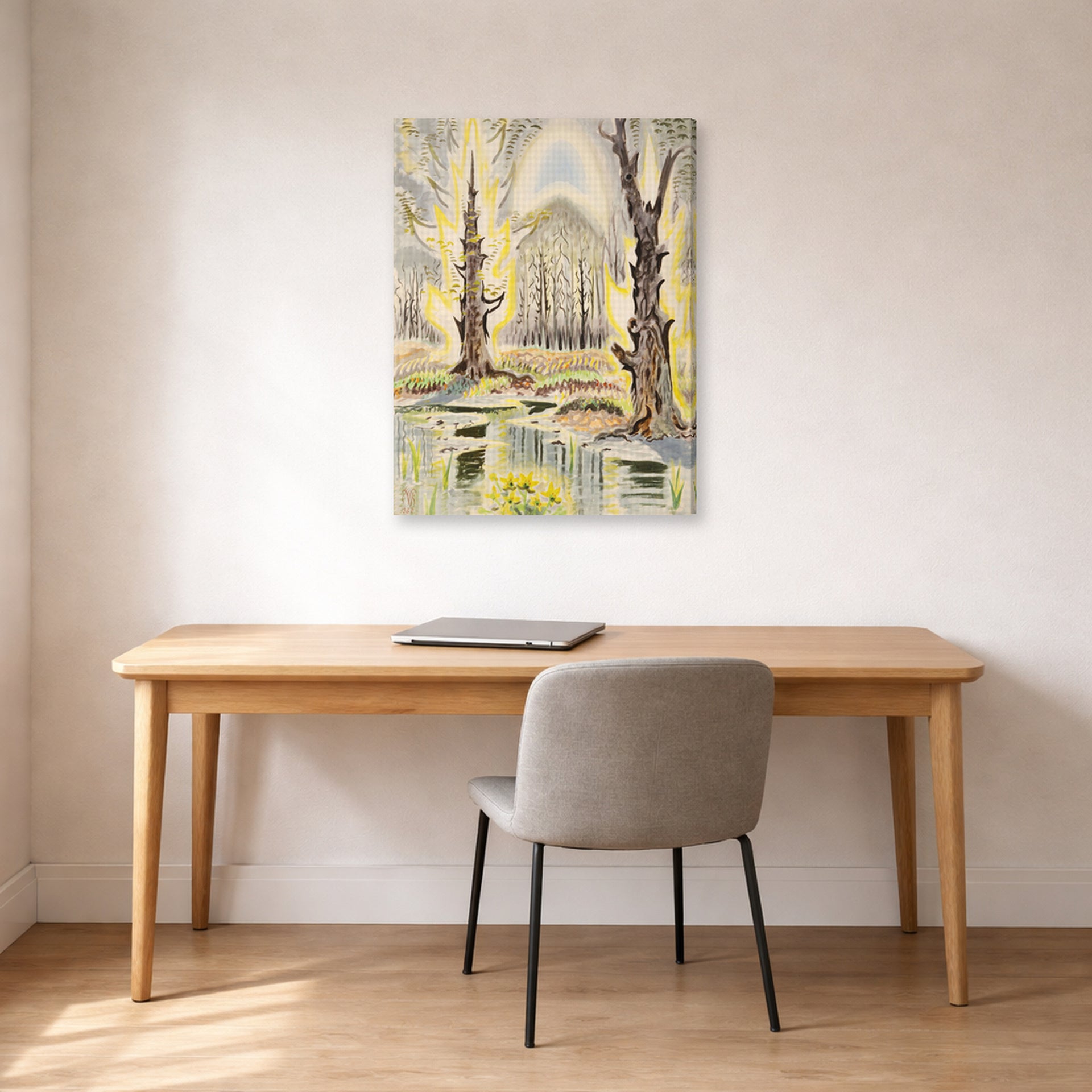 Gallery-wrapped canvas print of Charles Burchfield's Glory of Spring displayed on a wall in a office