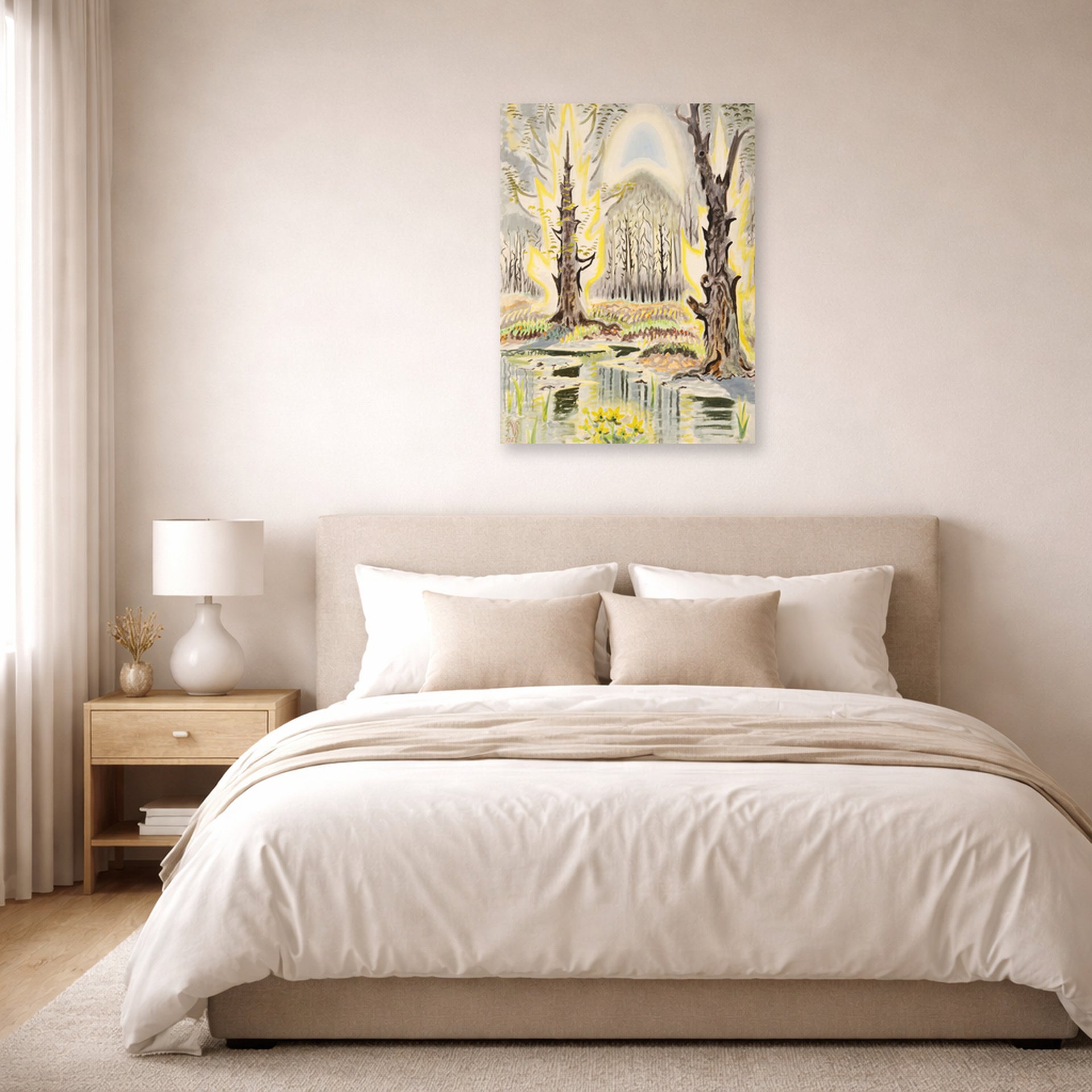 Unframed poster print of Charles Burchfield's Glory of Spring displayed on a wall in a bedroom