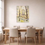 Unframed poster print of Charles Burchfield's Glory of Spring displayed on a wall in a dining room