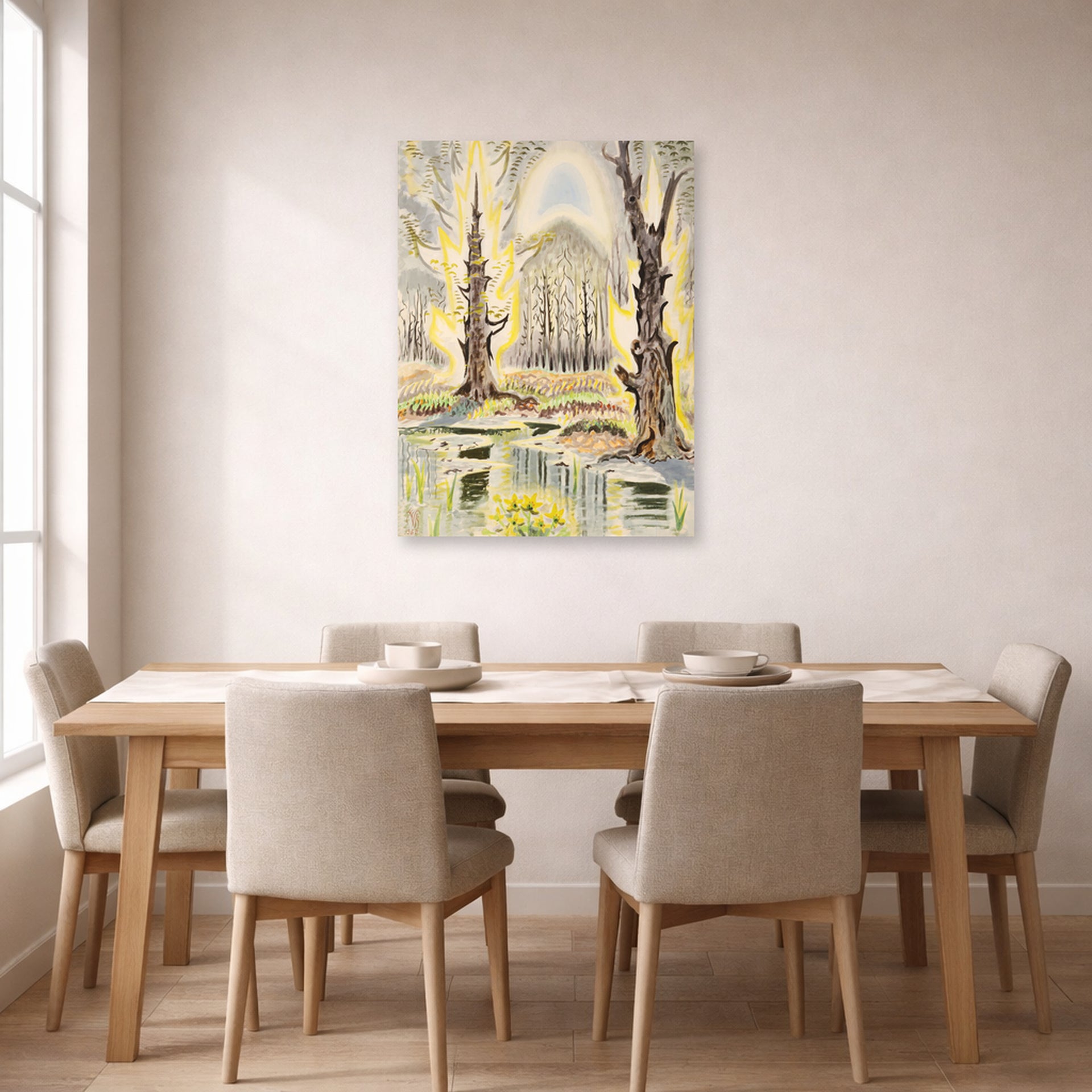 Unframed poster print of Charles Burchfield's Glory of Spring displayed on a wall in a dining room