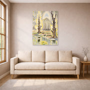 Unframed poster print of Charles Burchfield's Glory of Spring displayed on a wall in a living room