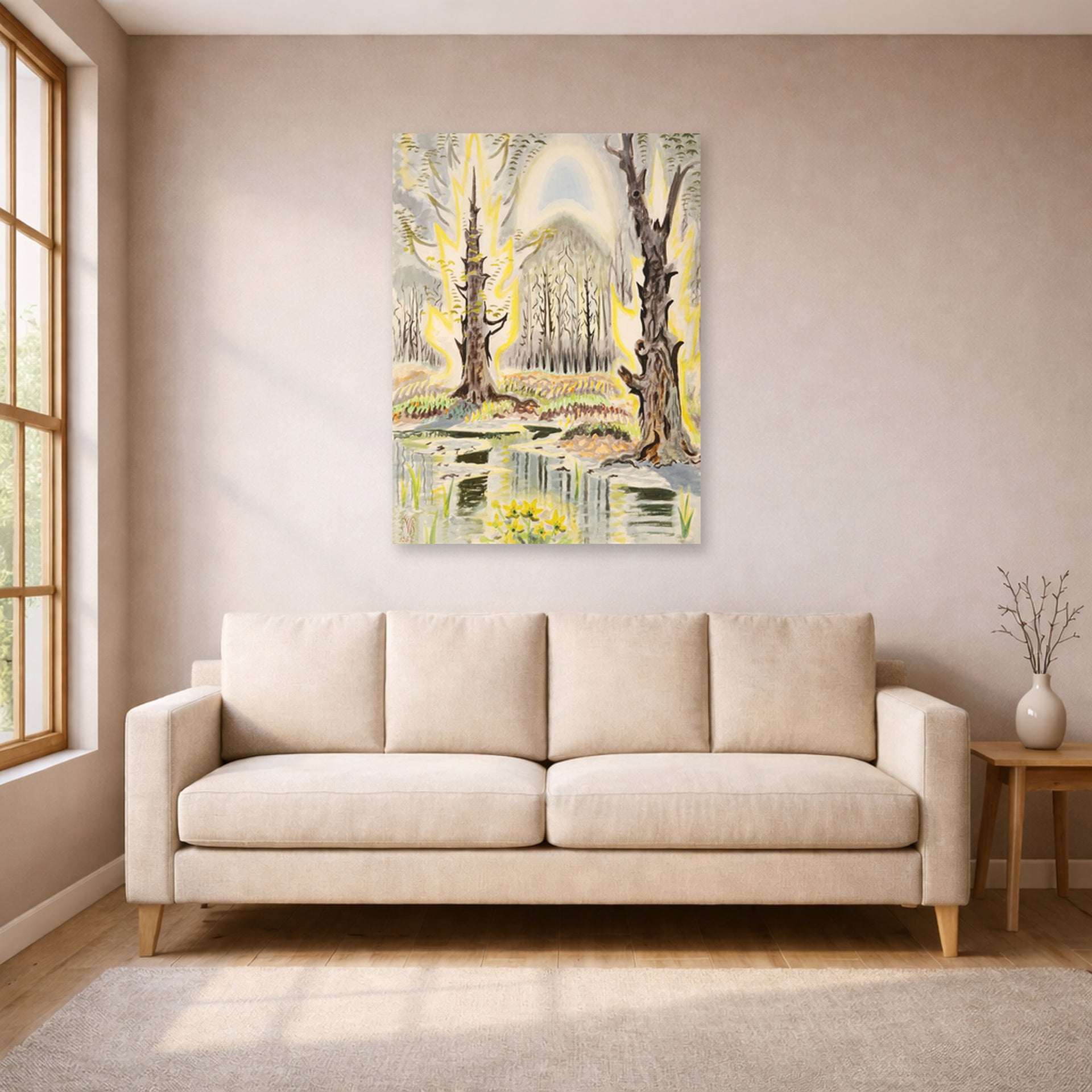 Unframed poster print of Charles Burchfield's Glory of Spring displayed on a wall in a living room