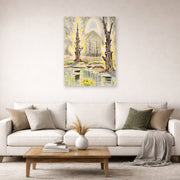 Unframed poster print of Charles Burchfield's Glory of Spring displayed on a wall in a living room