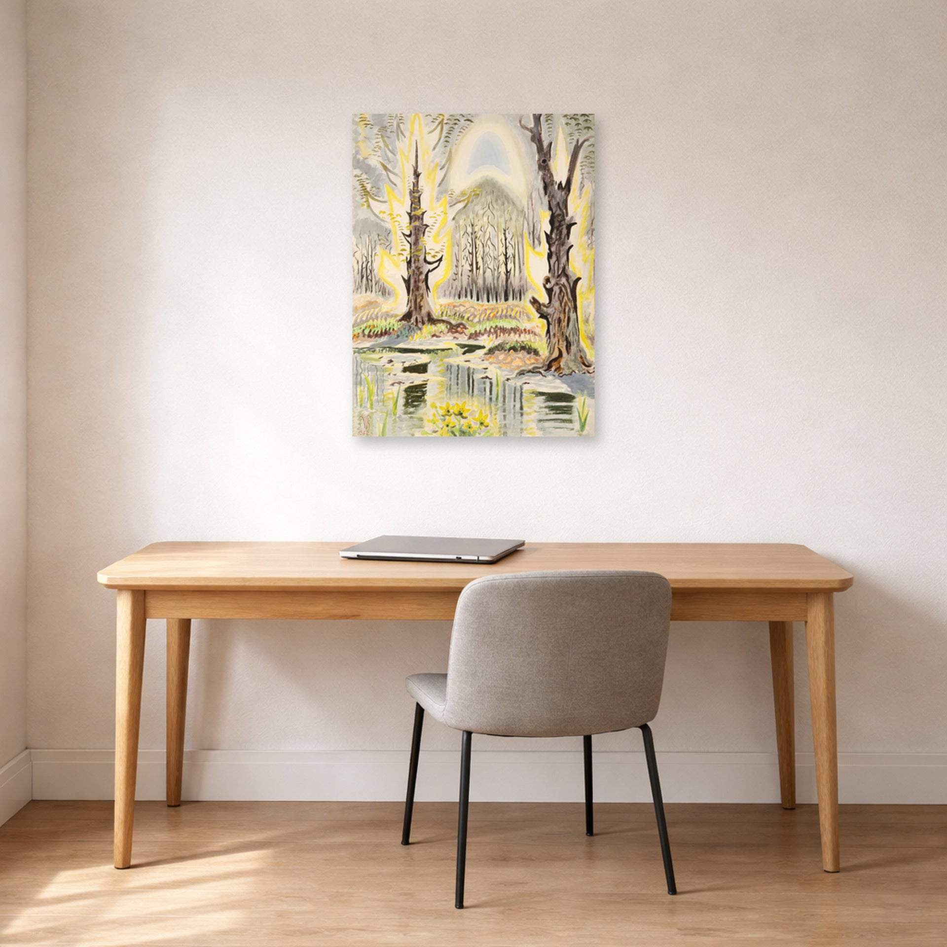 Unframed poster print of Charles Burchfield's Glory of Spring displayed on a wall in a office