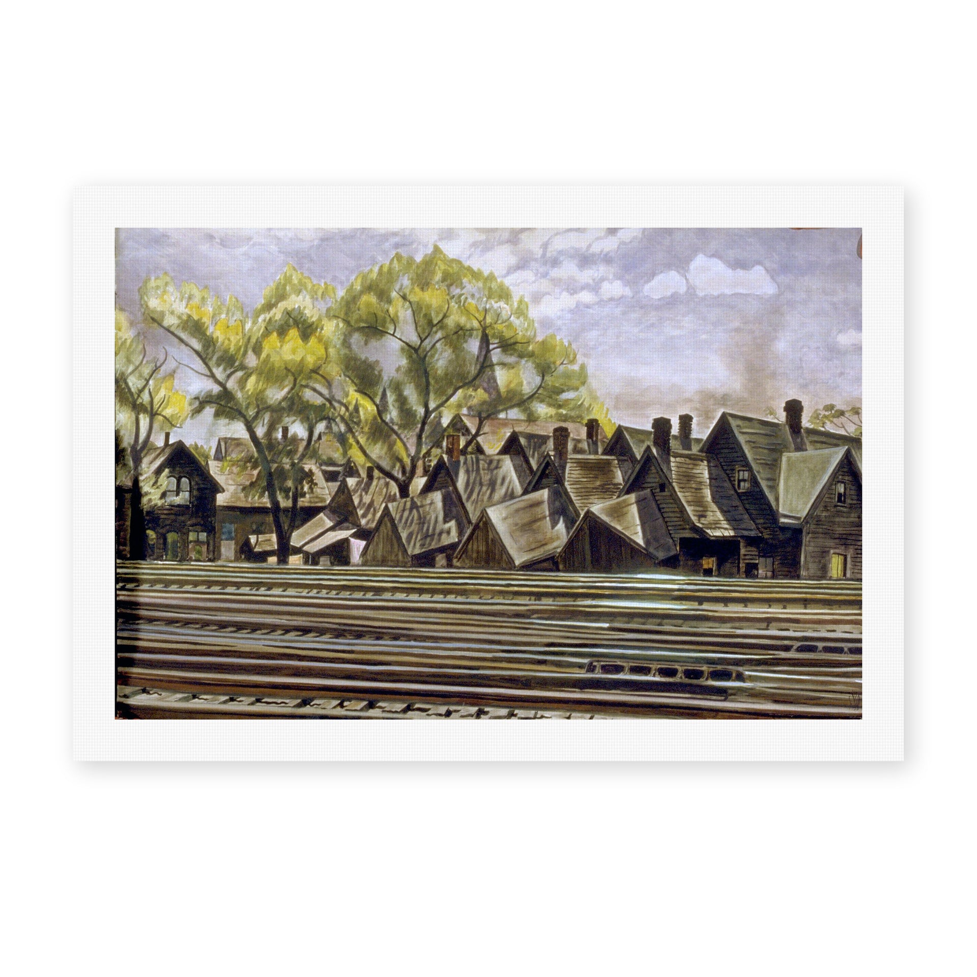Charles Burchfield's 'Railroad In Spring' painting reproduced as a rolled canvas print