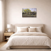 Gallery-wrapped canvas print of Charles Burchfield's Railroad In Spring displayed on a wall in a bedroom