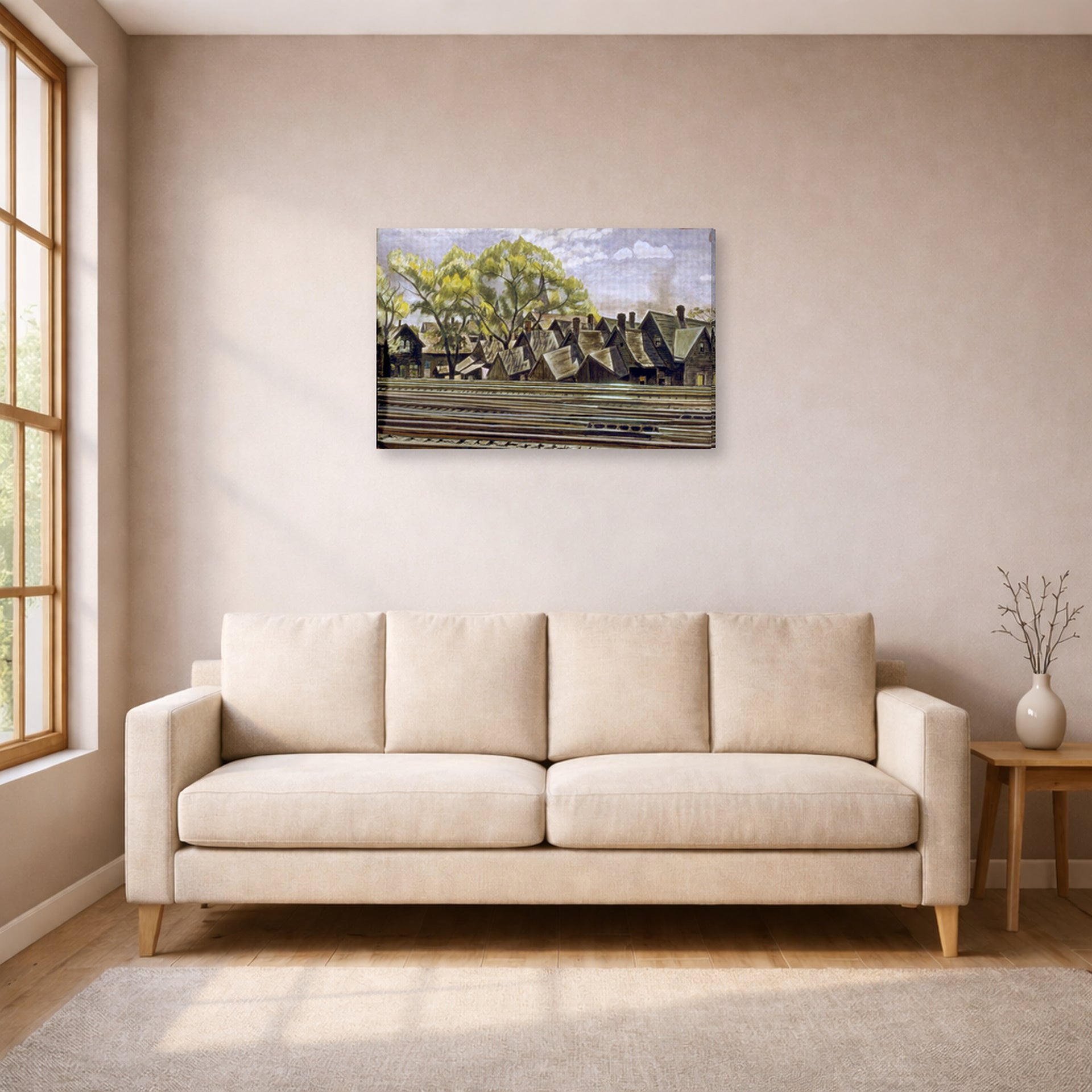 Gallery-wrapped canvas print of Charles Burchfield's Railroad In Spring displayed on a wall in a living room