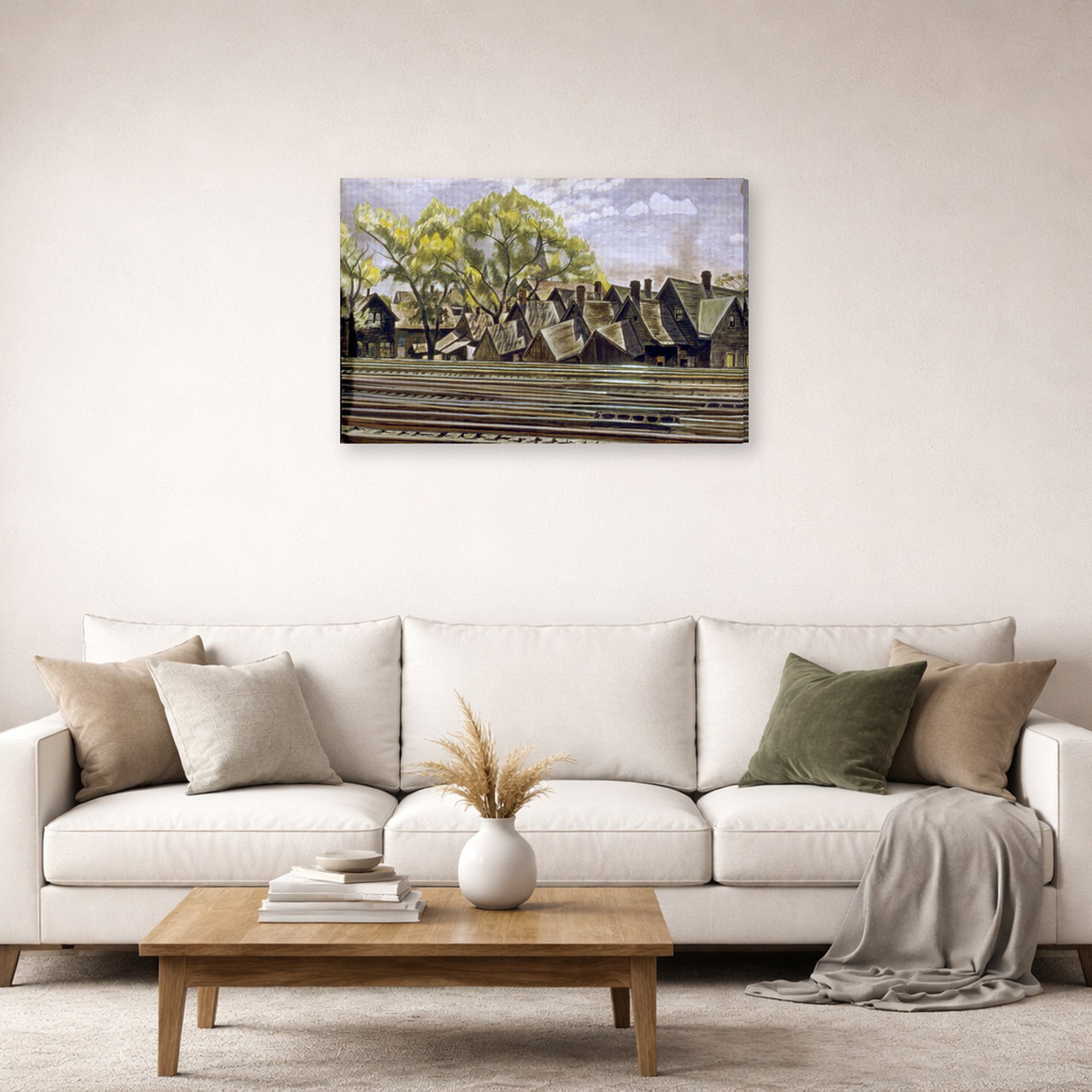 Gallery-wrapped canvas print of Charles Burchfield's Railroad In Spring displayed on a wall in a living room