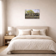 Unframed poster print of Charles Burchfield's Railroad In Spring displayed on a wall in a bedroom