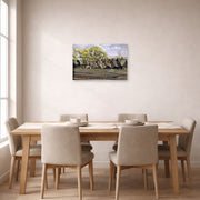 Unframed poster print of Charles Burchfield's Railroad In Spring displayed on a wall in a dining room