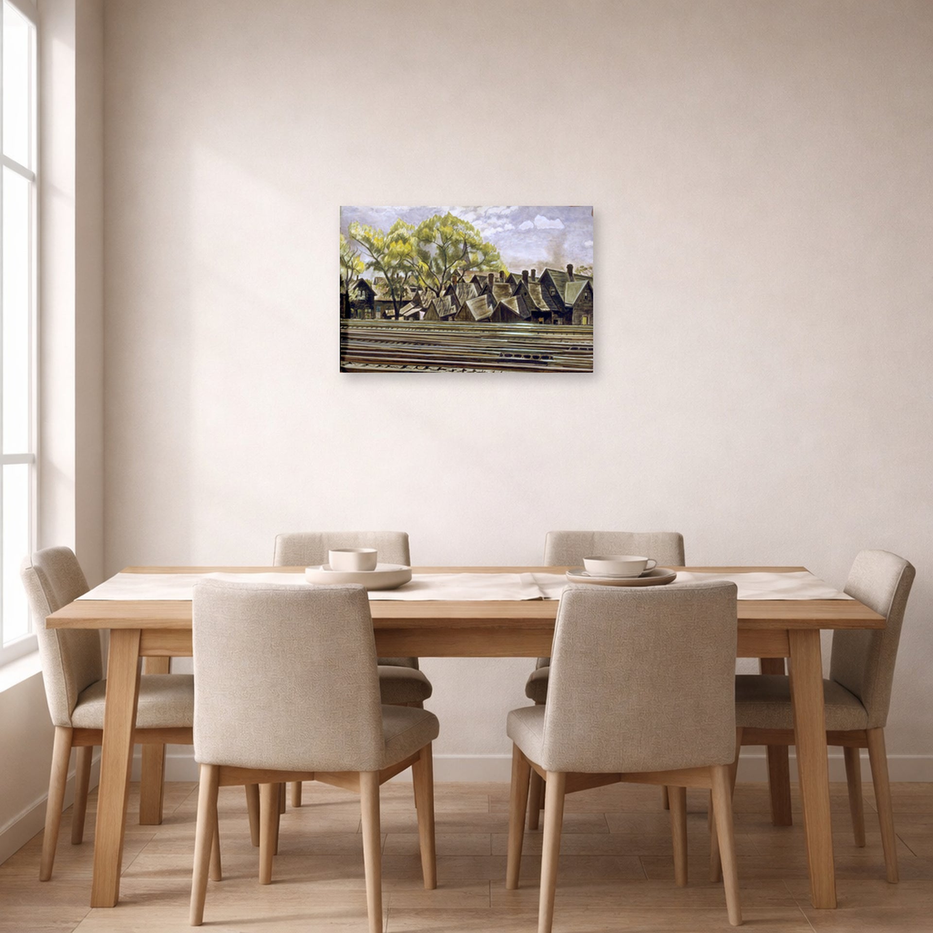 Unframed poster print of Charles Burchfield's Railroad In Spring displayed on a wall in a dining room