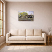 Unframed poster print of Charles Burchfield's Railroad In Spring displayed on a wall in a living room