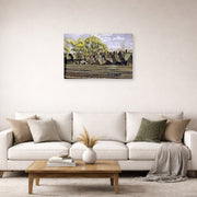 Unframed poster print of Charles Burchfield's Railroad In Spring displayed on a wall in a living room