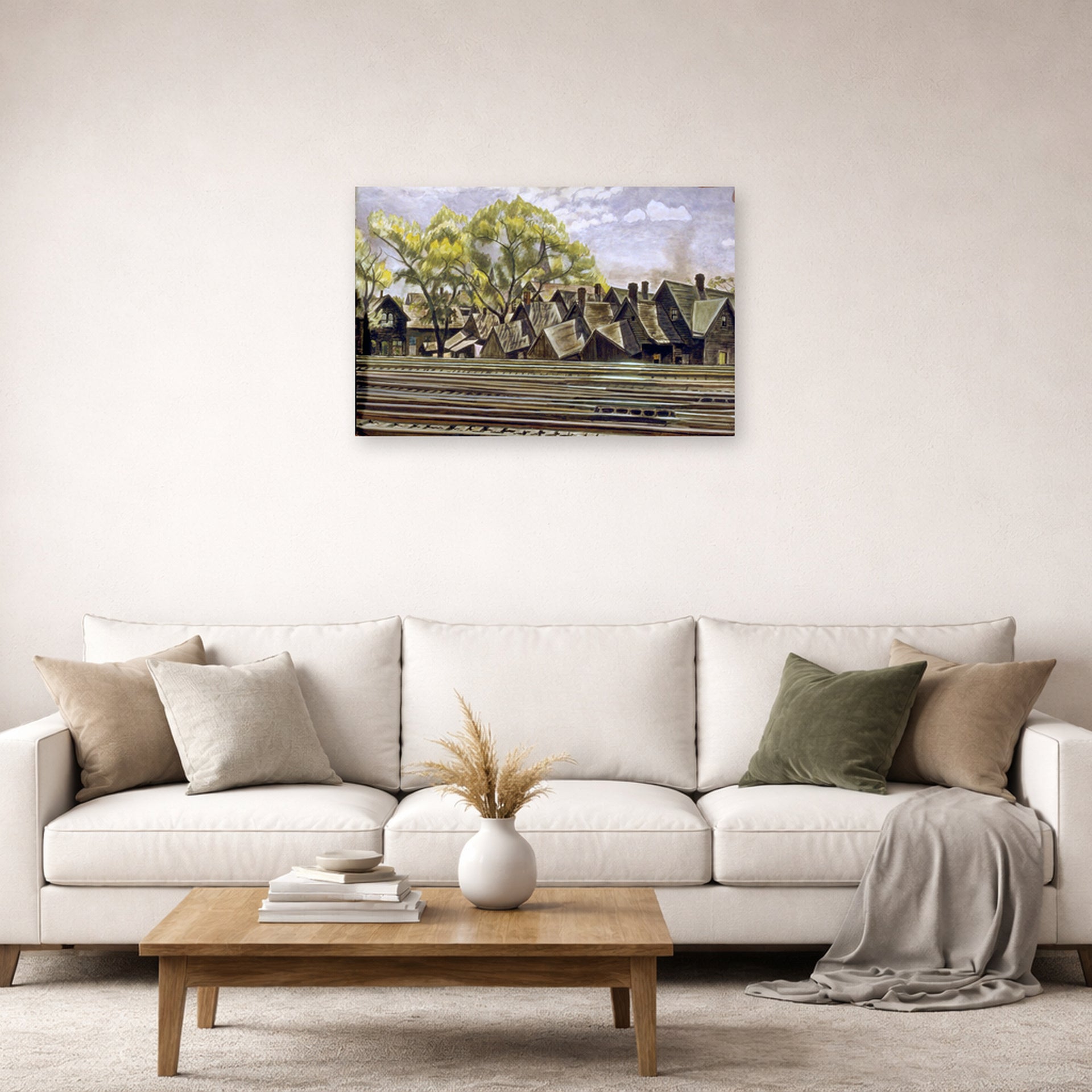 Unframed poster print of Charles Burchfield's Railroad In Spring displayed on a wall in a living room