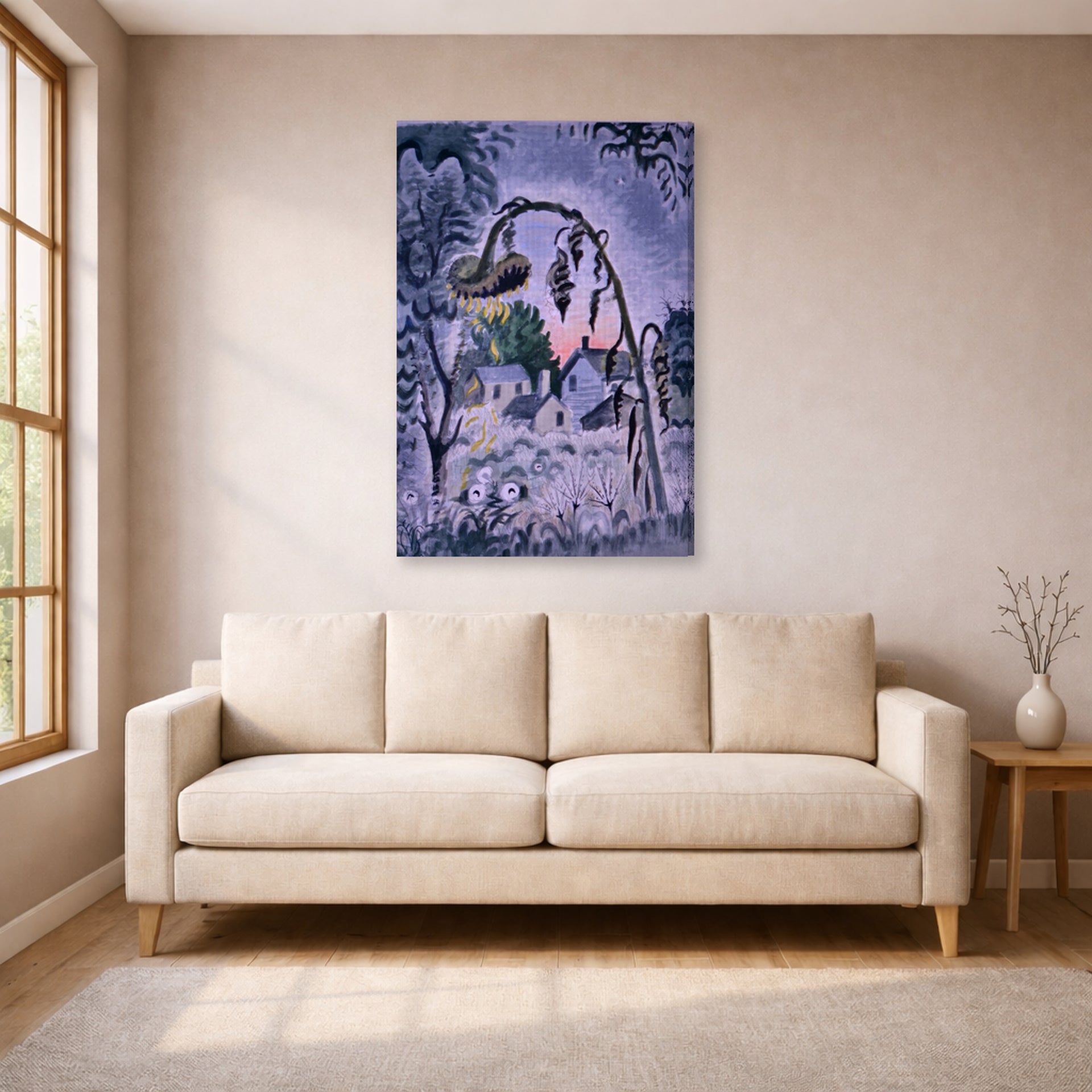 Gallery-wrapped canvas print of Charles Burchfield's September Afterglow displayed on a wall in a living room